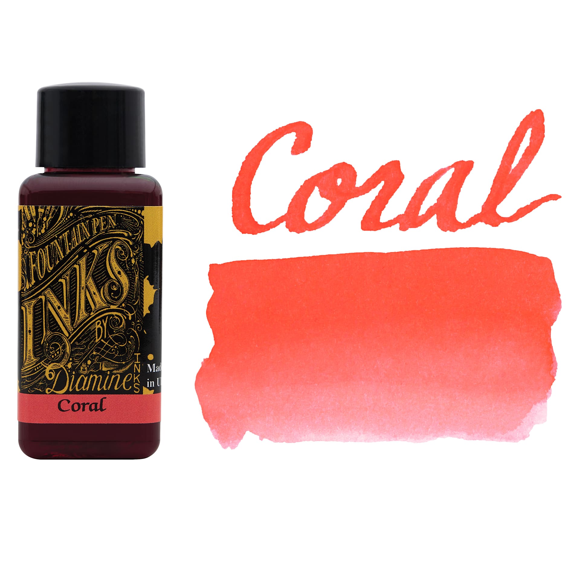 Diamine Fountain Pen Ink - Coral, 30 ml bottle with swatch