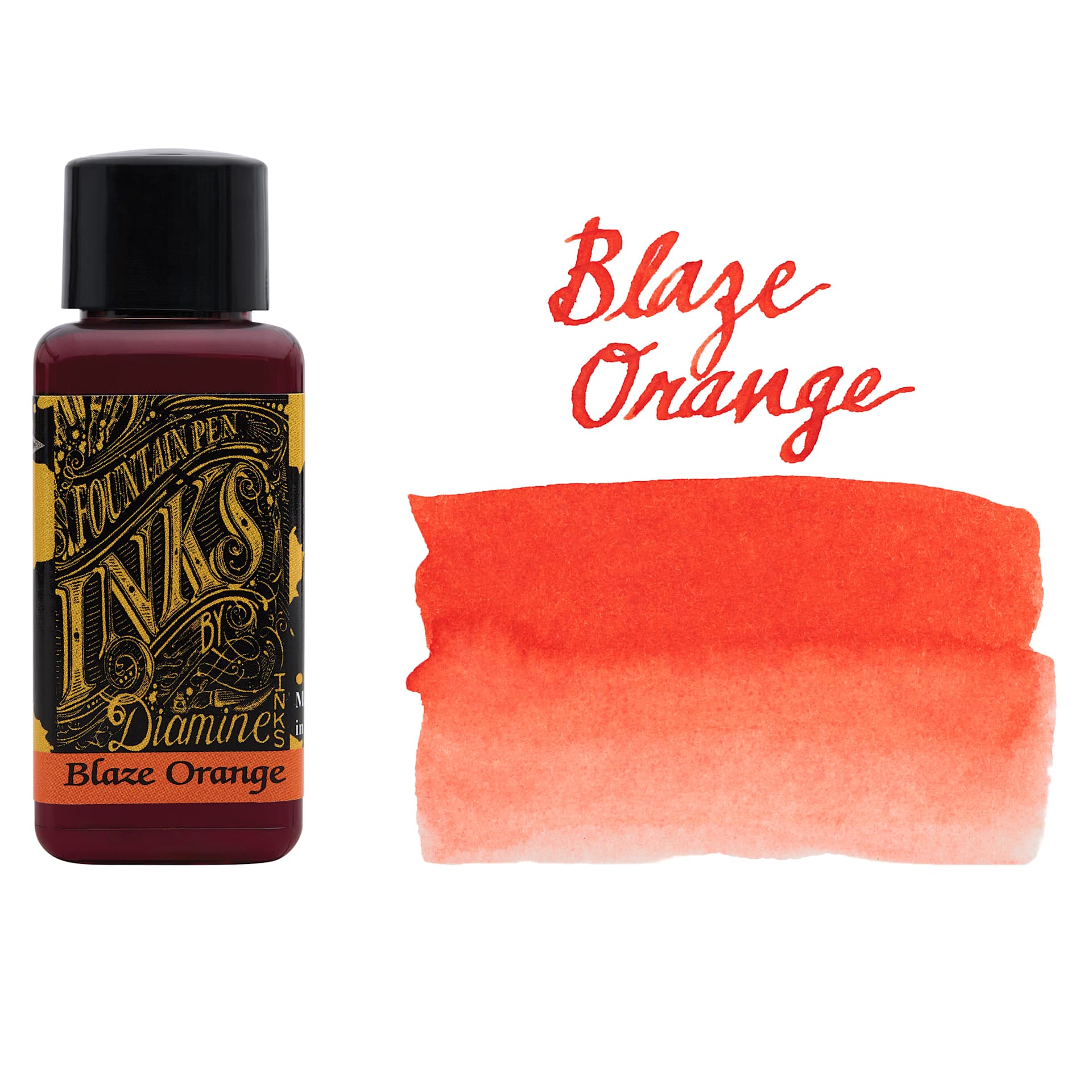 Diamine Fountain Pen Ink - Blaze Orange, 30 ml bottle with swatch