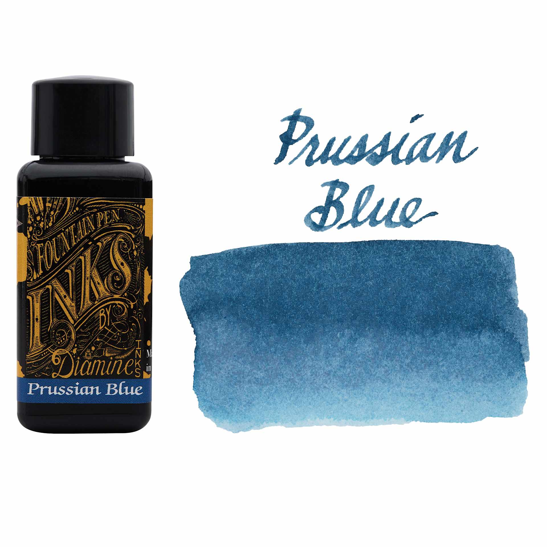 Diamine Fountain Pen Ink - Prussian Blue, 30 ml bottle with swatch