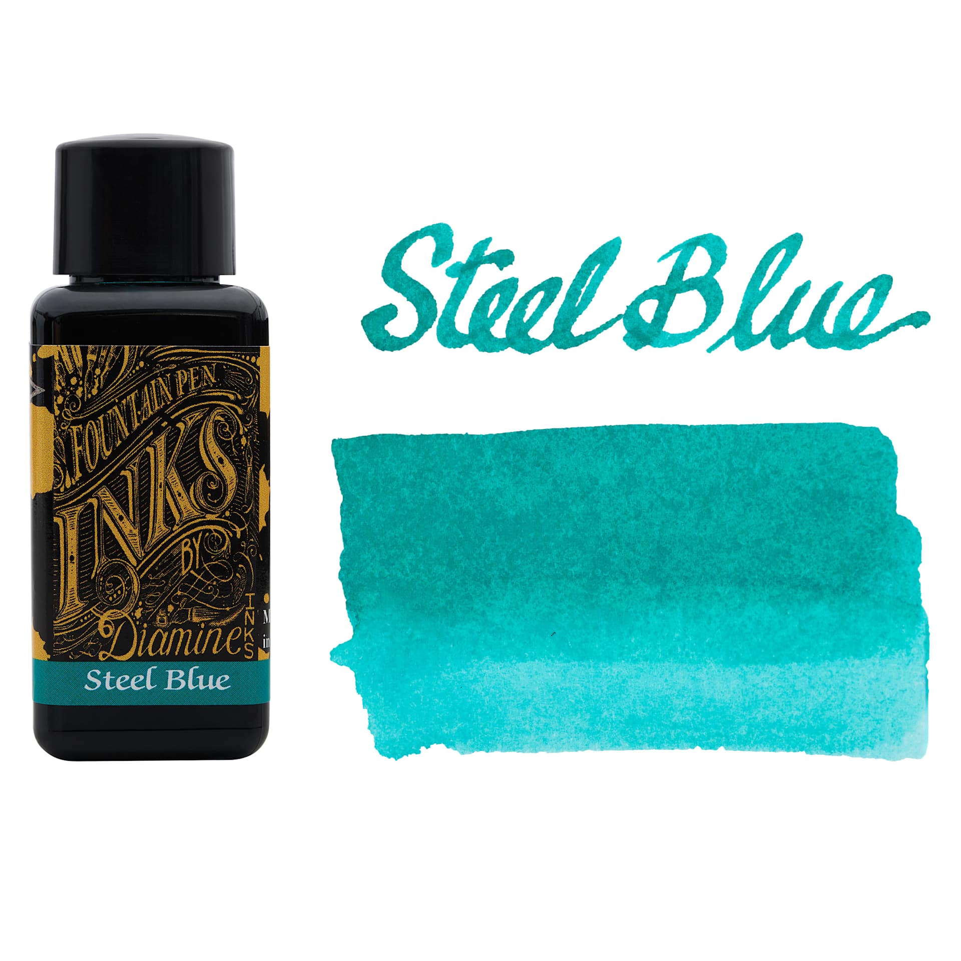 Diamine Fountain Pen Ink - Steel Blue, 30 ml bottle with swatch