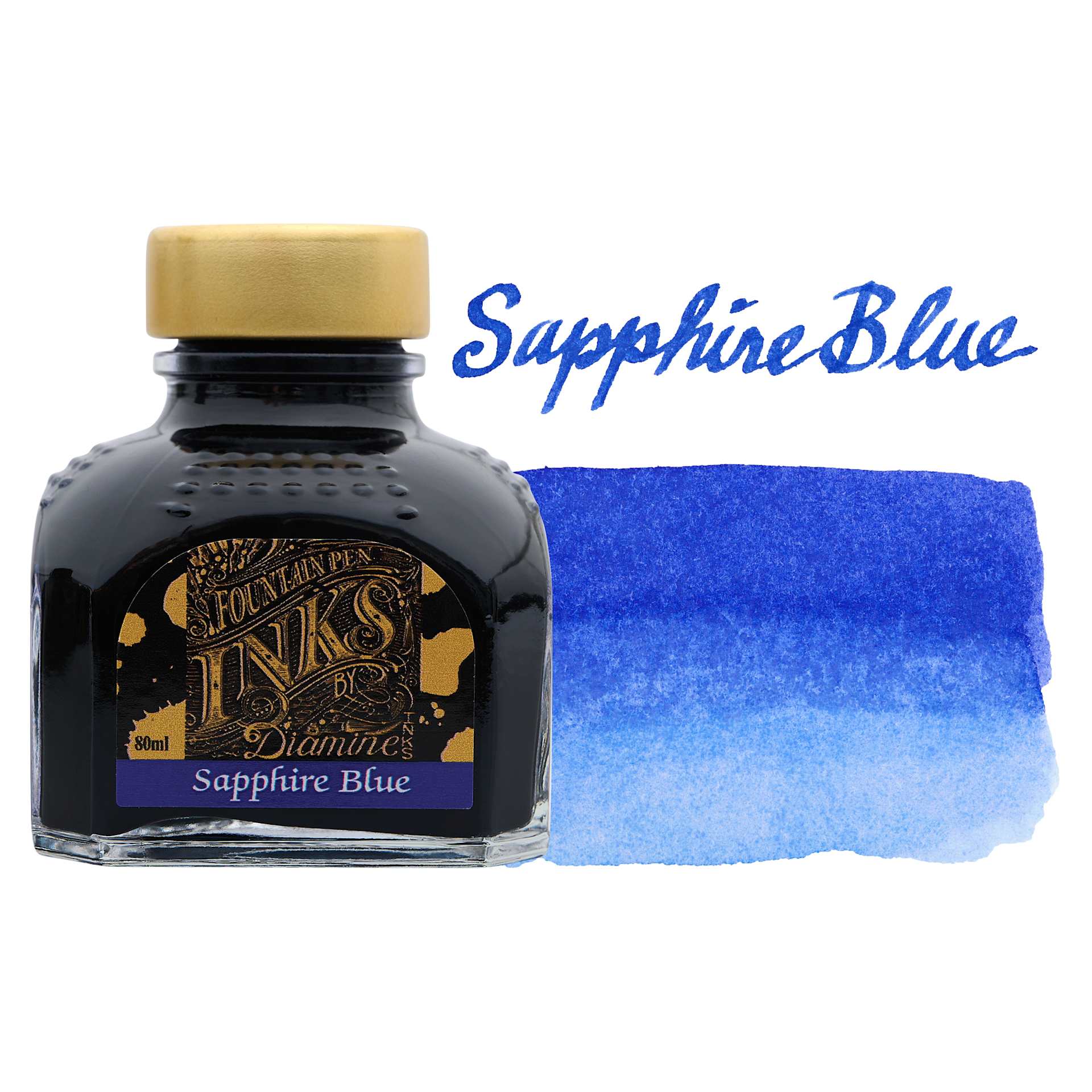 Diamine Fountain Pen Ink - Sapphire Blue, 80 ml bottle with swatch