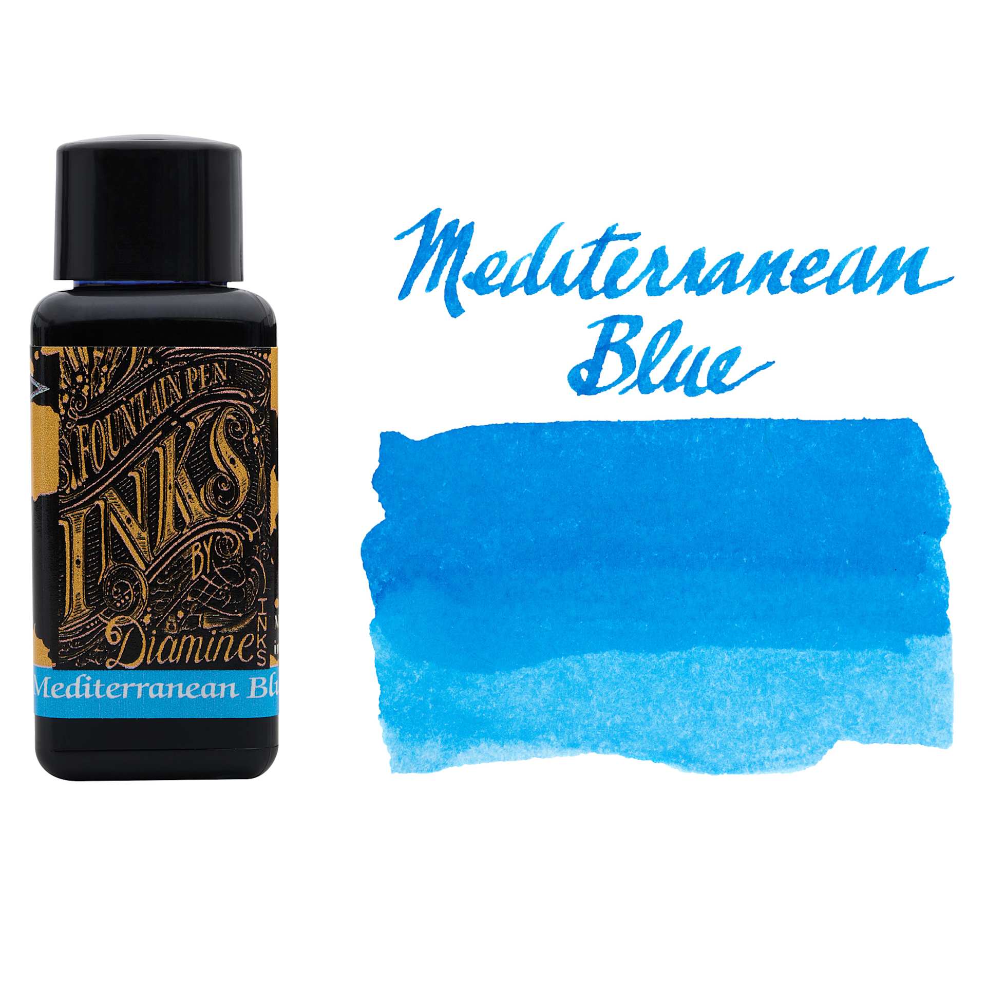 Diamine Fountain Pen Ink - Mediterranean Blue, 30 ml bottle with swatch