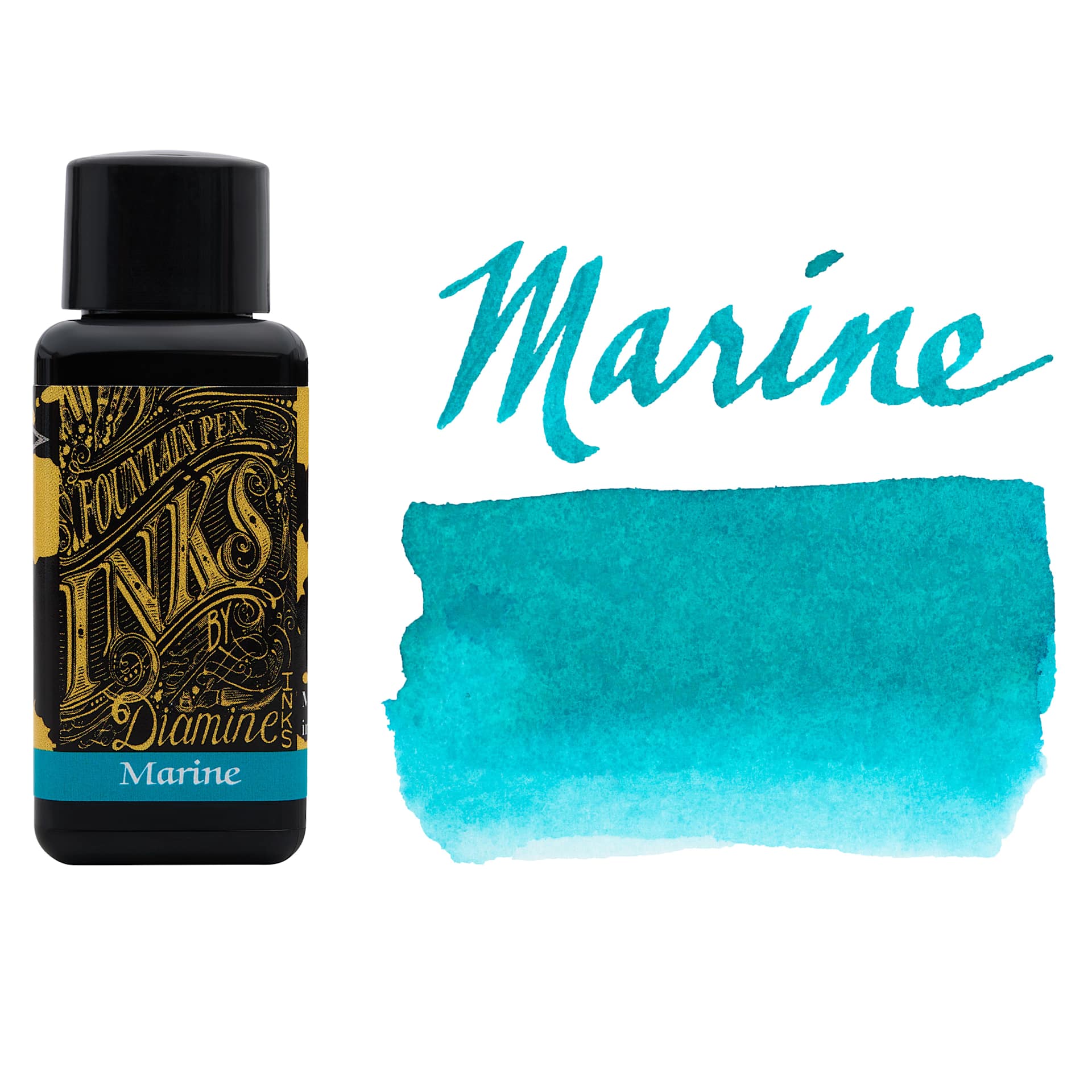 Diamine Fountain Pen Ink - Marine, 30 ml bottle with swatch