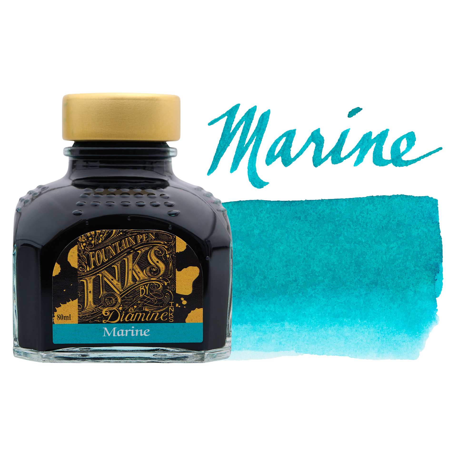 Diamine Fountain Pen Ink - Marine, 80 ml bottle with swatch