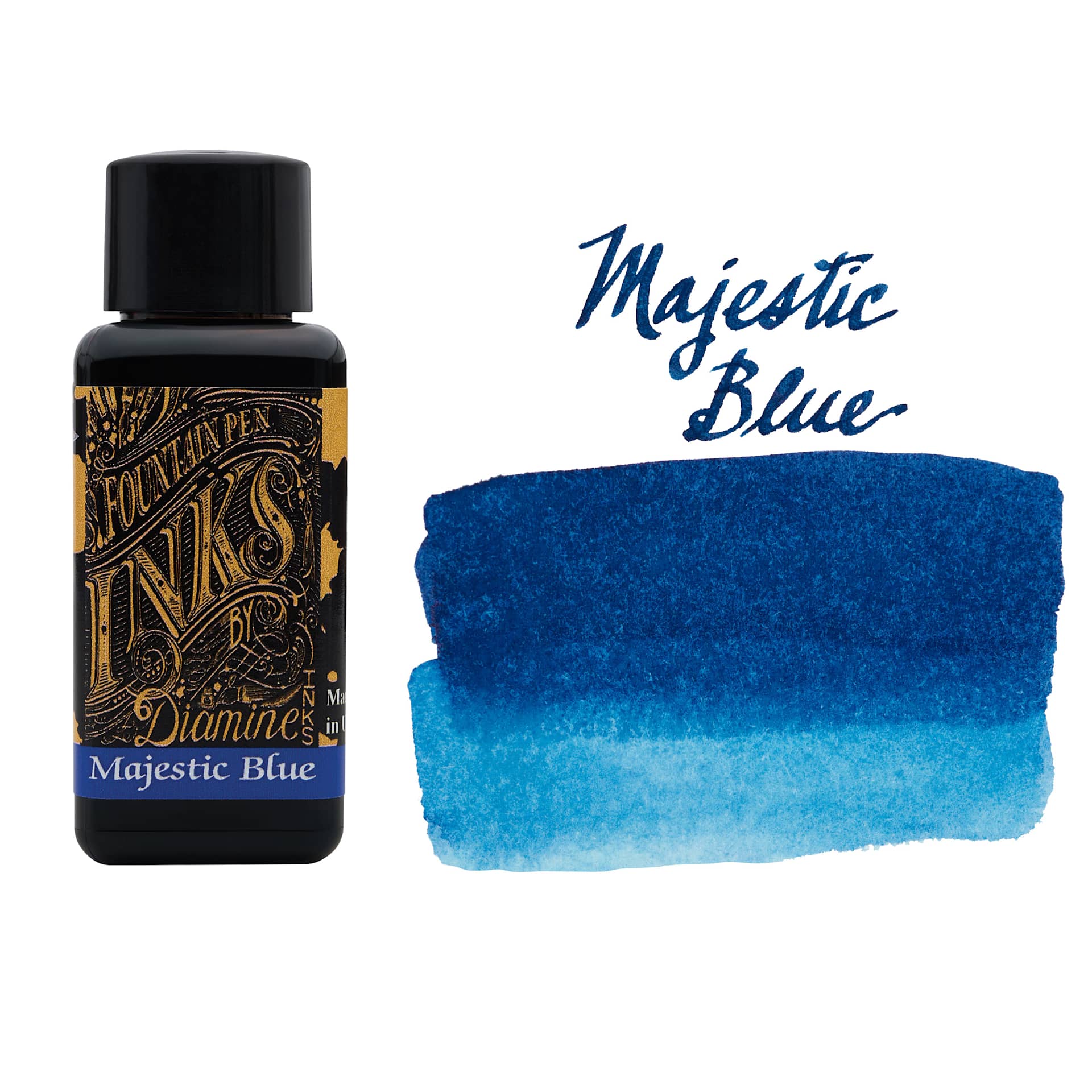 Diamine Fountain Pen Ink - Majestic Blue, 30 ml bottle with swatch