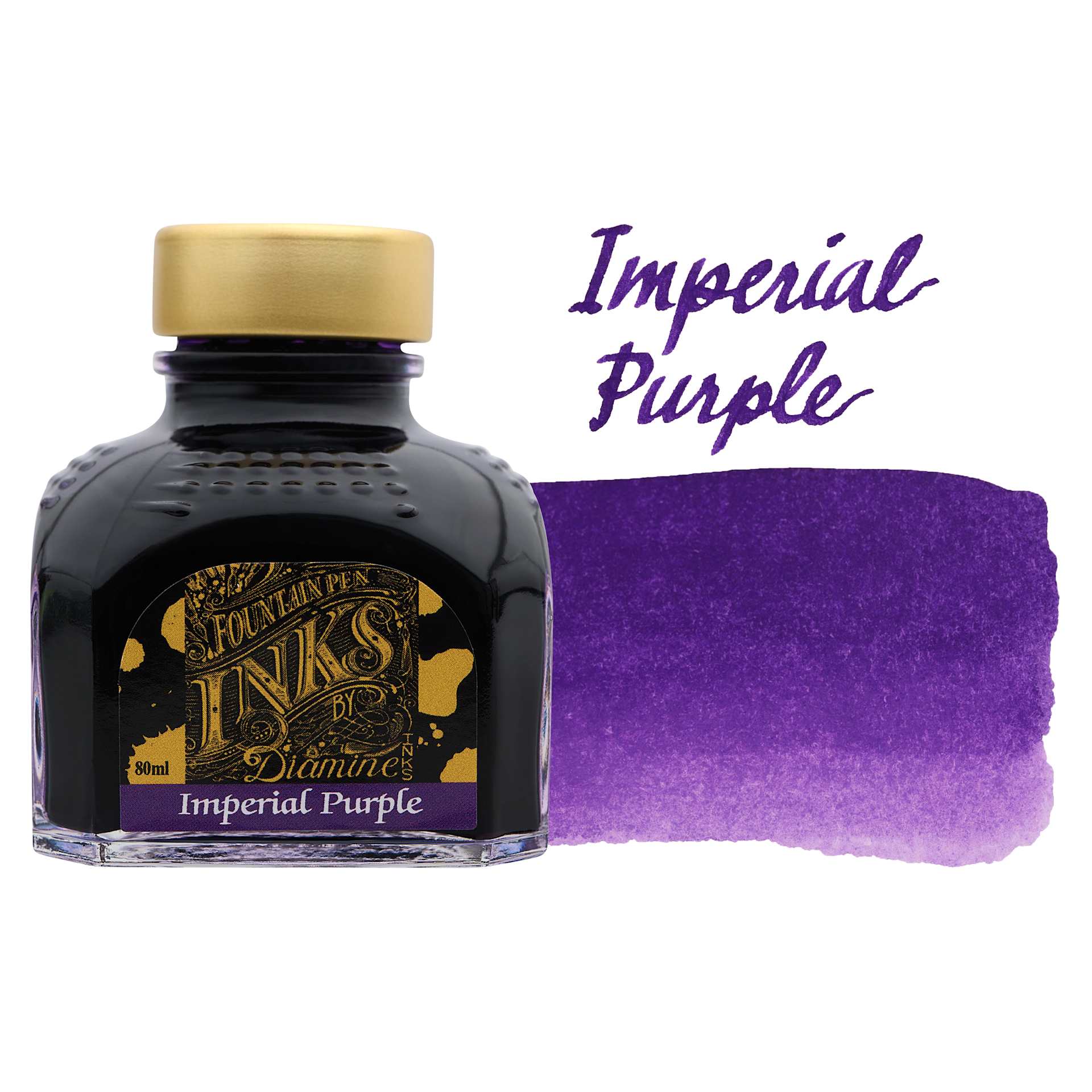 Diamine Fountain Pen Ink - Imperial Purple, 80 ml bottle with swatch