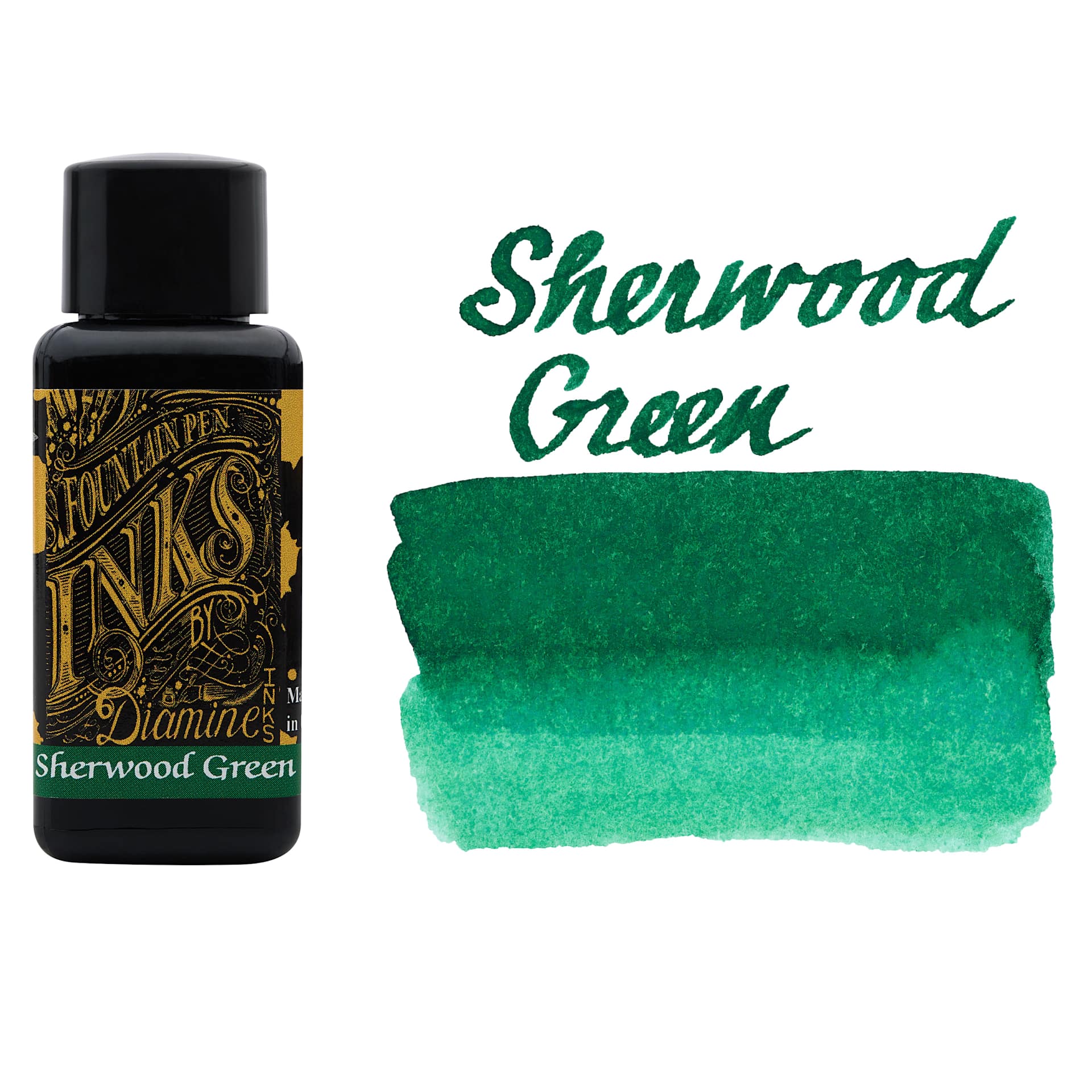 Diamine Fountain Pen Ink - Sherwood Green, 30 ml bottle with swatch
