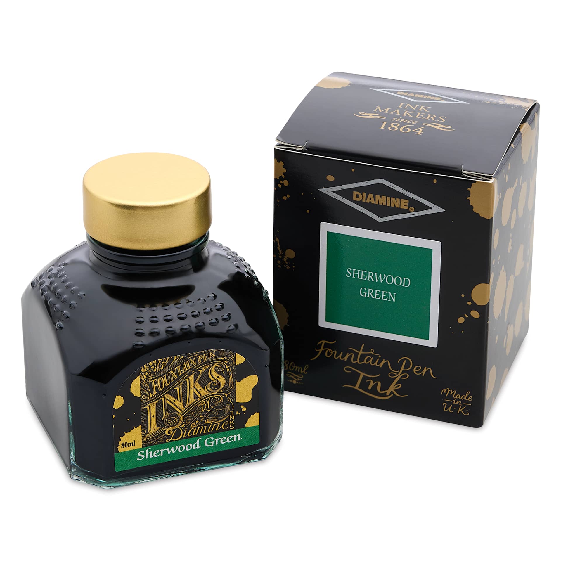 Diamine Fountain Pen Ink - Sherwood Green, 80 ml bottle and packaging