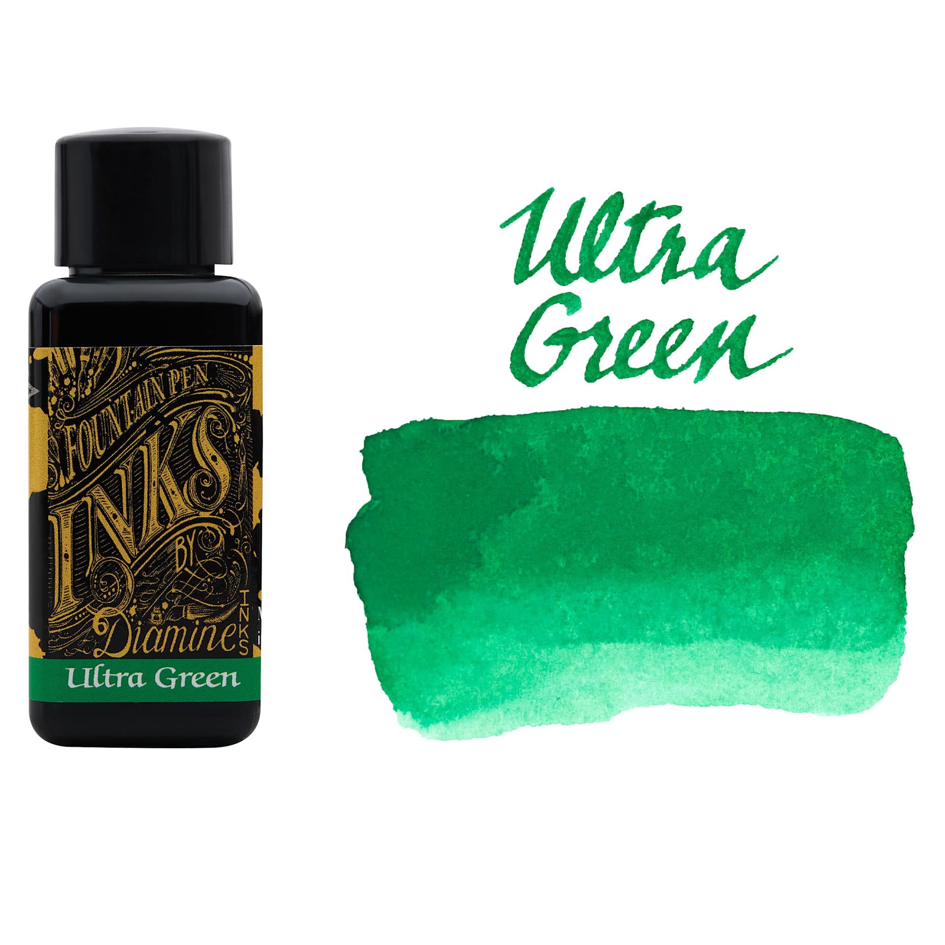 Diamine Fountain Pen Ink - Ultra Green, 30 ml bottle and swatch