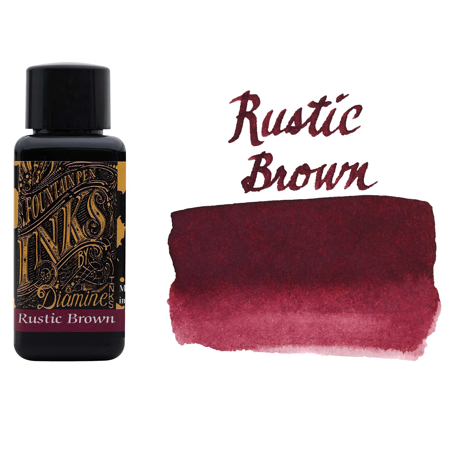 Diamine Fountain Pen Ink - Rustic Brown, 30 ml bottle with swatch