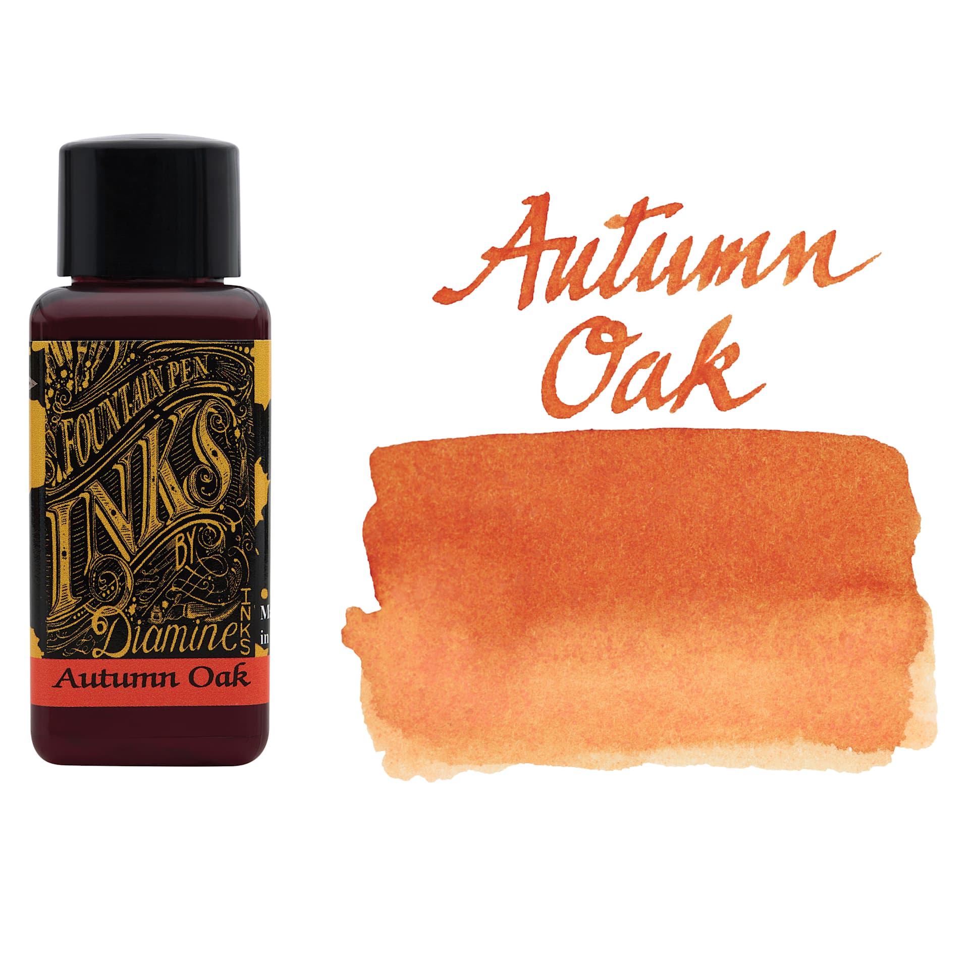 Diamine Fountain Pen Ink - Autumn Oak, 30 ml bottle and swatch