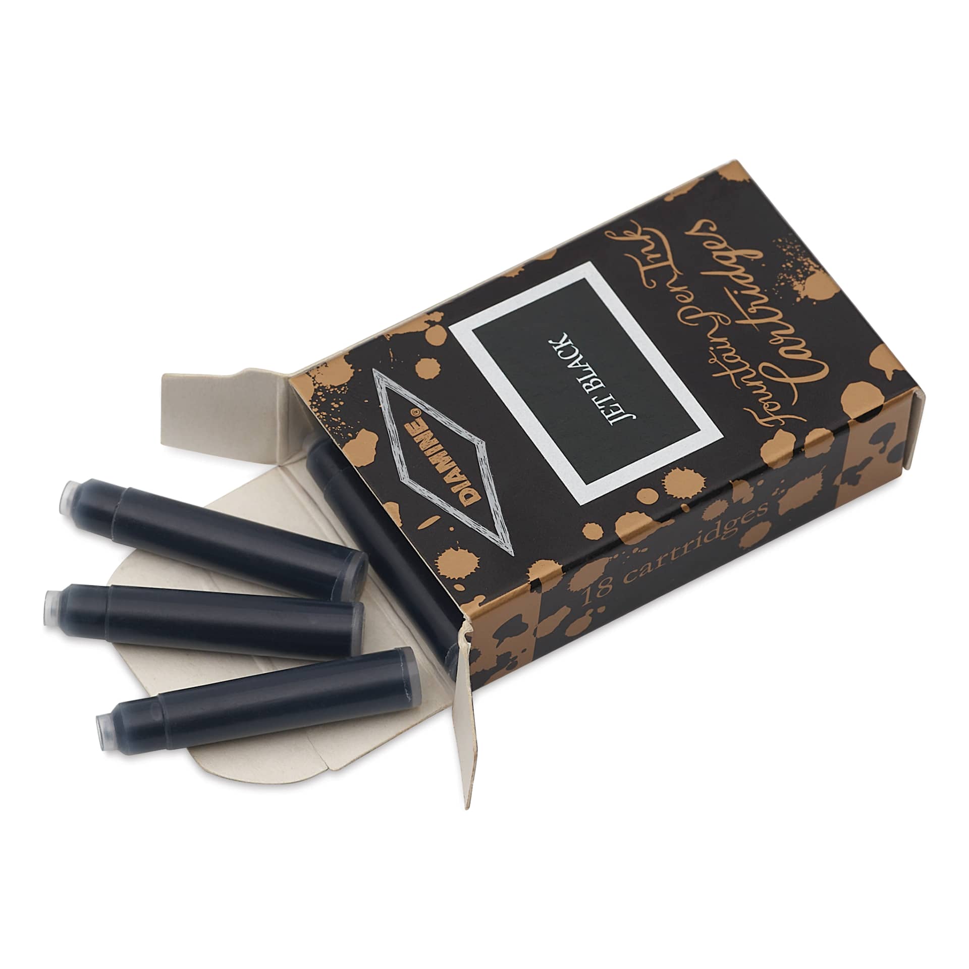 Diamine Ink Cartridges - Pkg of 18, Jet Black, open packaging with cartridges