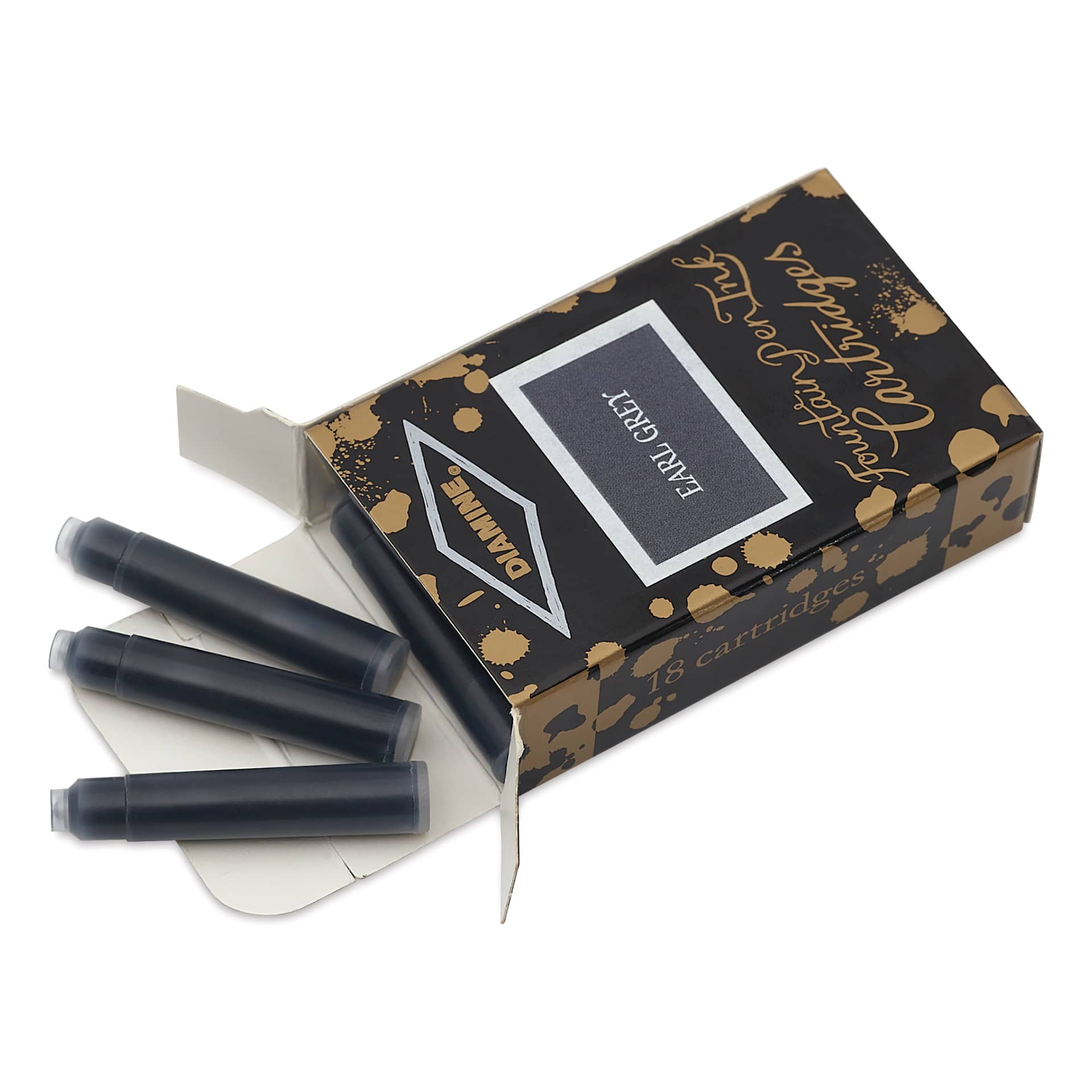 Diamine Ink Cartridges - Pkg of 18, Earl Grey, open packaging with cartridges