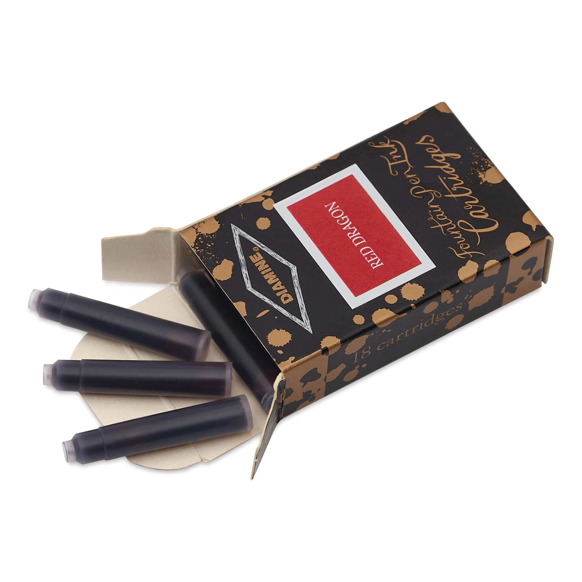 Diamine Ink Cartridges - Pkg of 18, Red Dragon, open packaging with cartridges