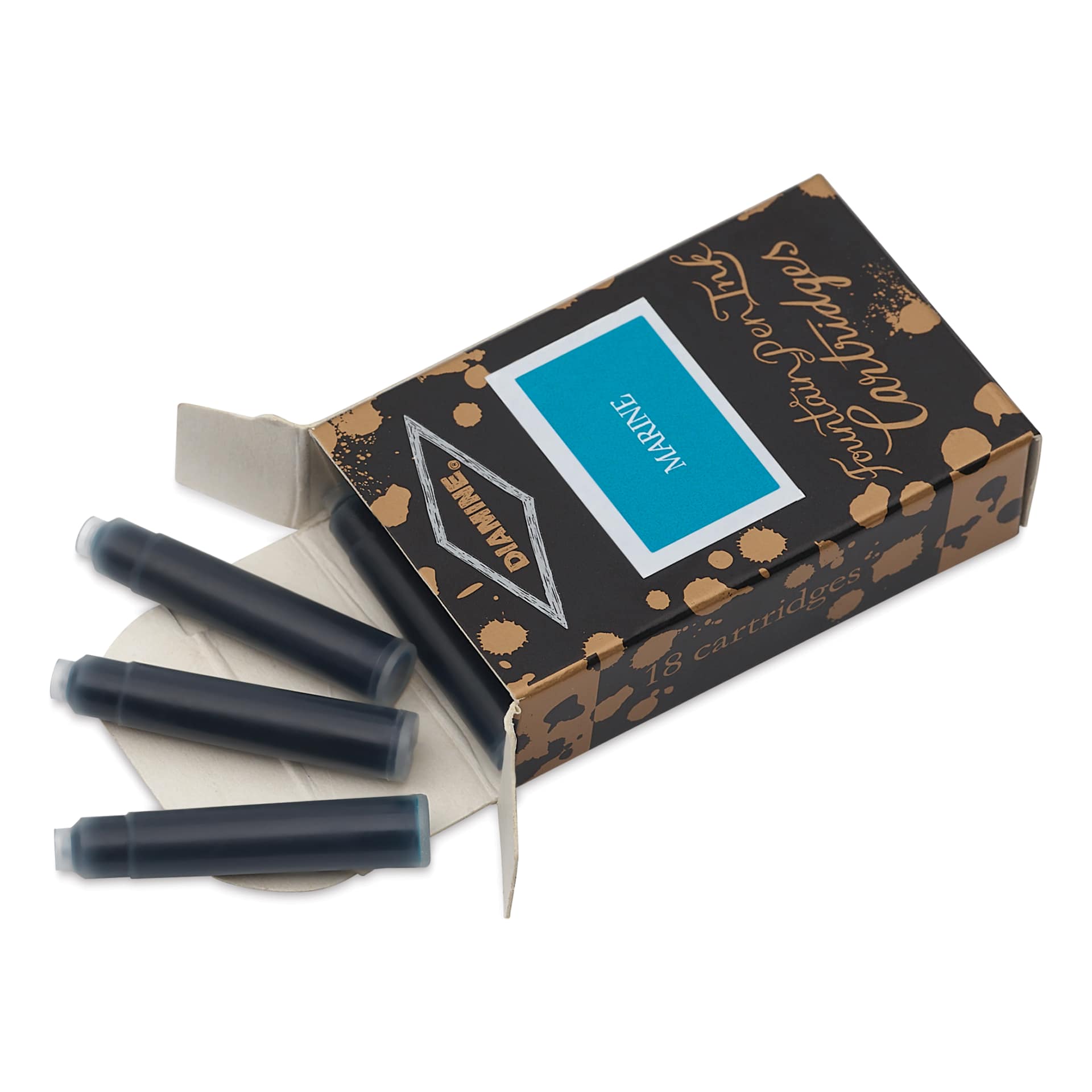 Diamine Ink Cartridges - Pkg of 18, Marine, open packaging with cartridges