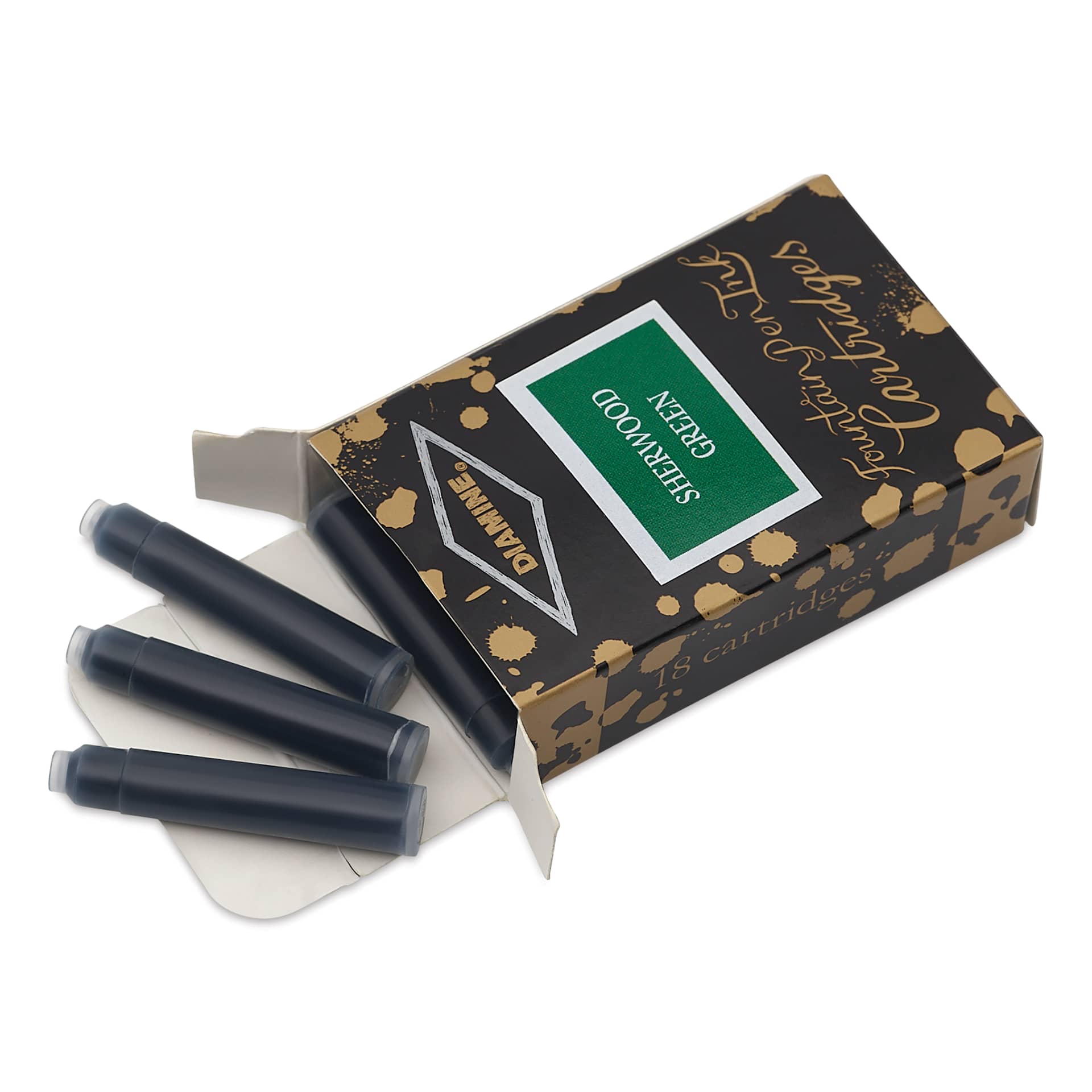 Diamine Ink Cartridges - Pkg of 18, Sherwood Green, open packaging with cartridges