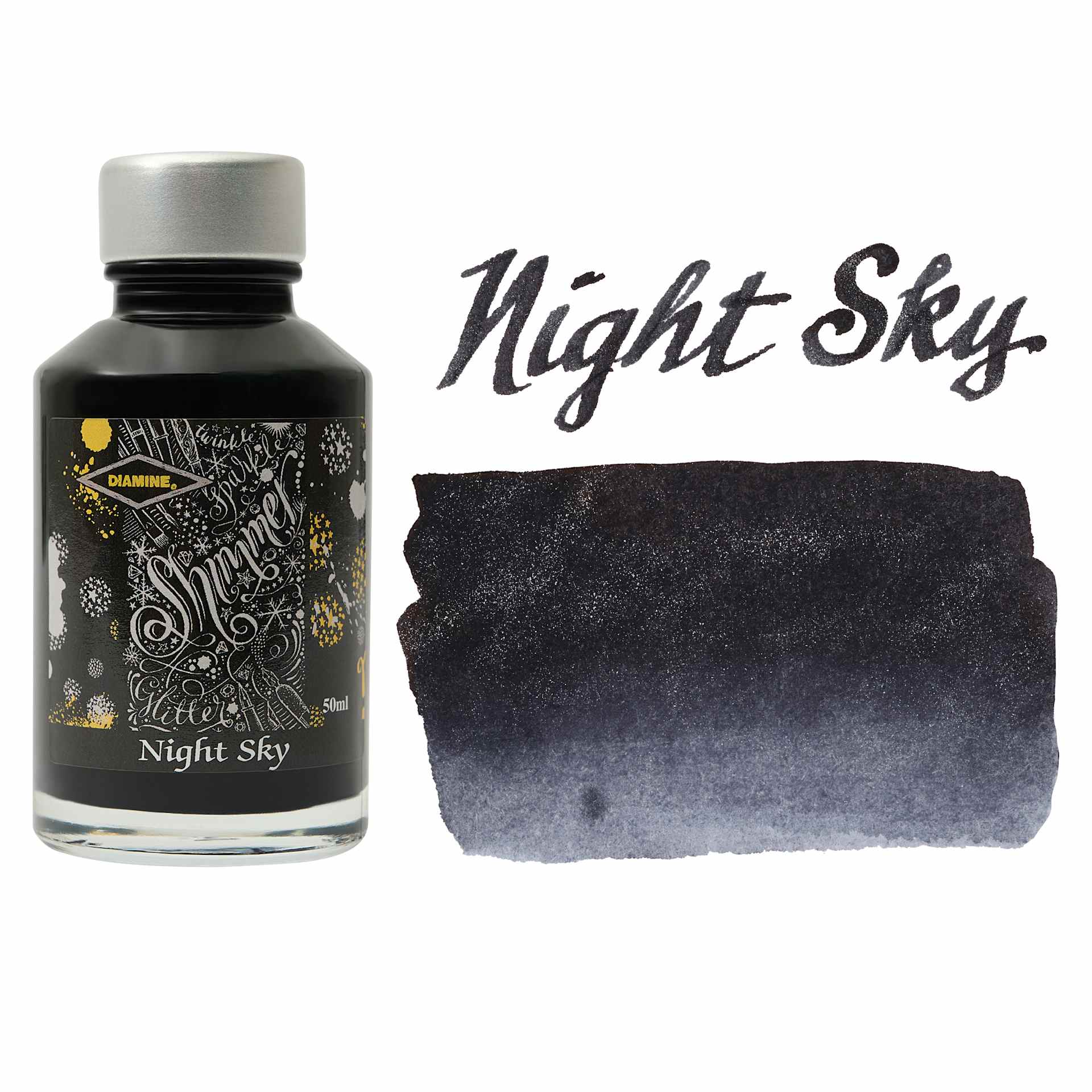 Diamine Shimmer Fountain Pen Ink - Night Sky, 50 ml bottle and swatch