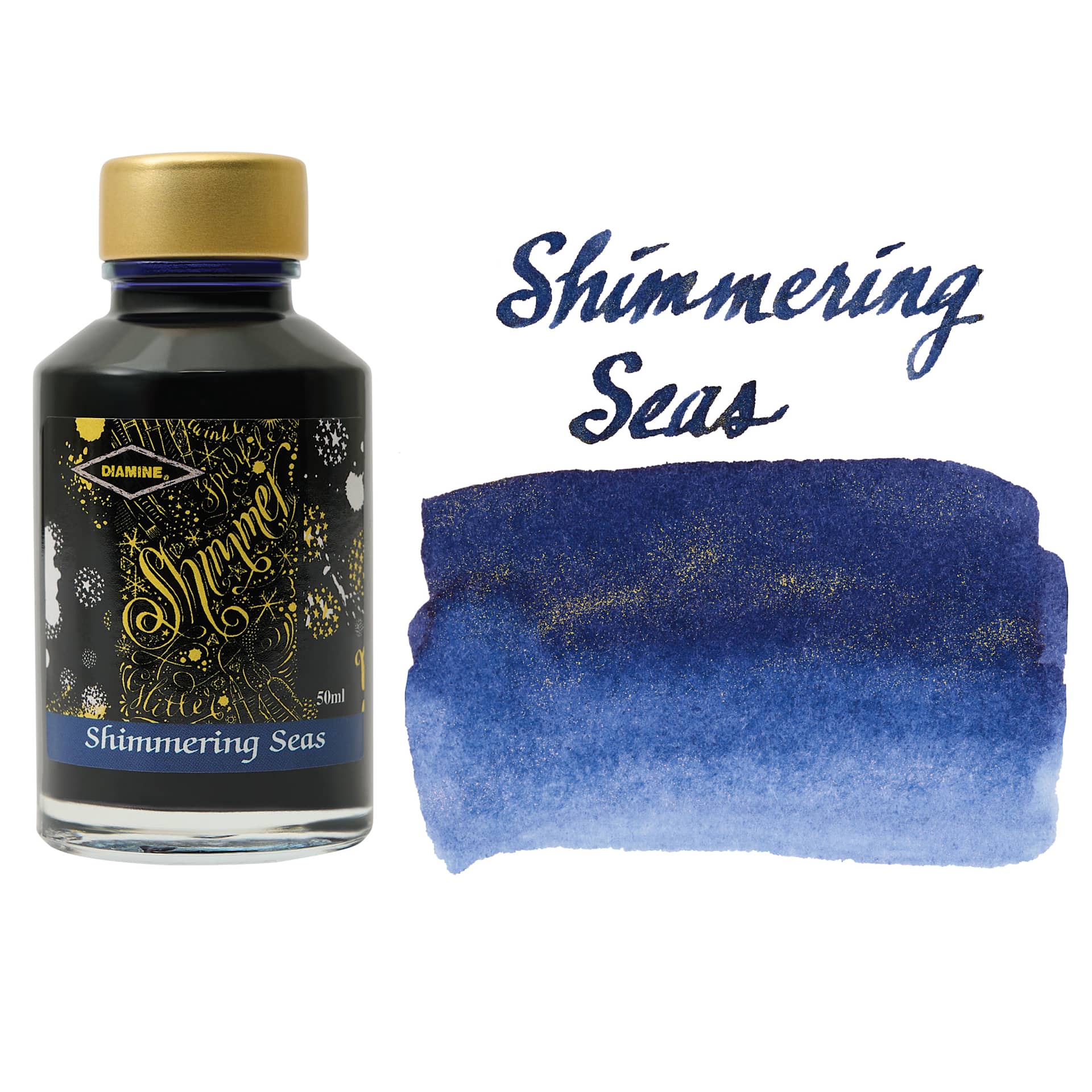 Diamine Shimmer Fountain Pen Ink - Shimmering Seas, 50 ml bottle and swatch