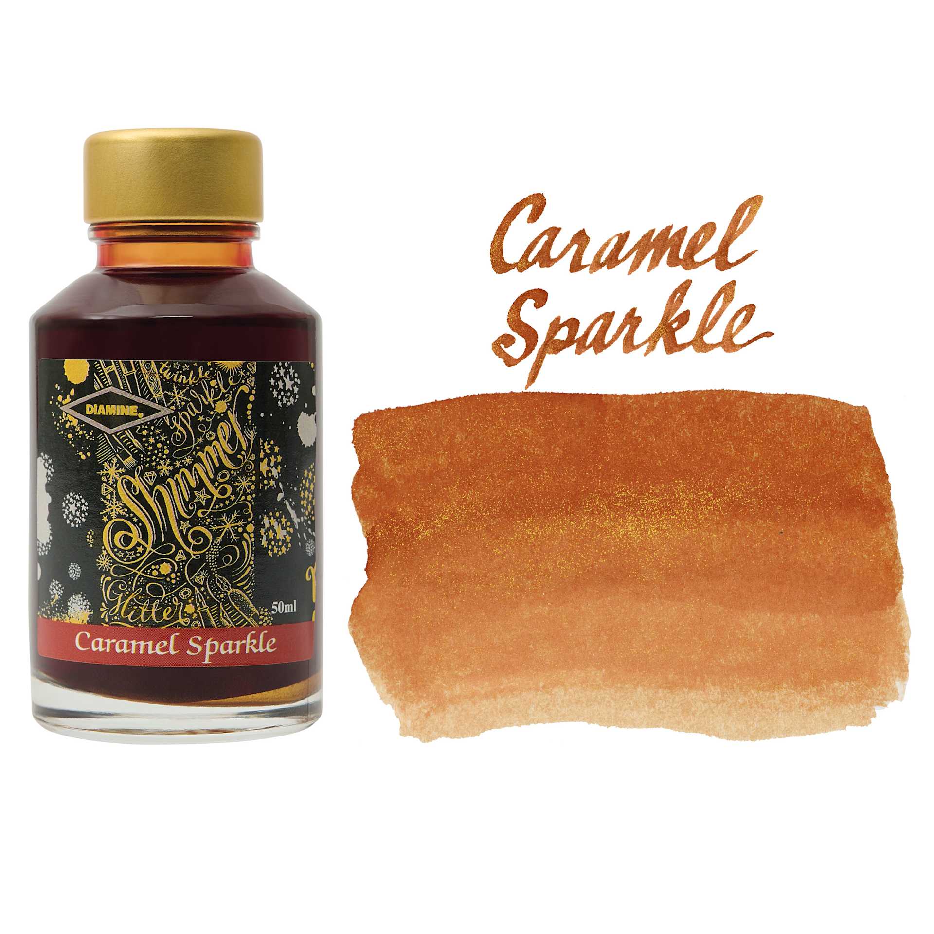 Diamine Shimmer Fountain Pen Ink - Caramel Sparkle, 50 ml bottle and swatch