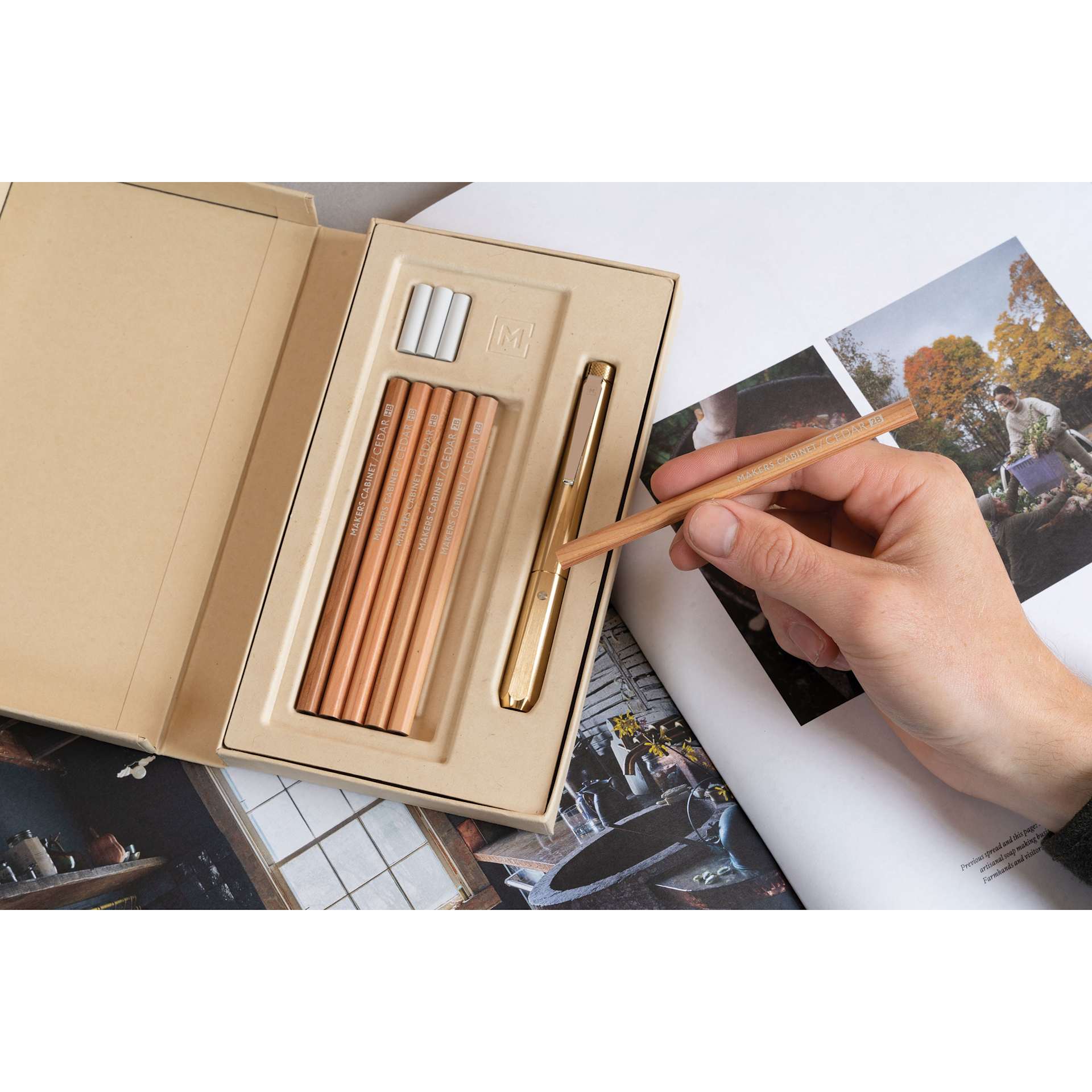 Makers Cabinet Ferrule Pencil Holder Set, open packaging on desk