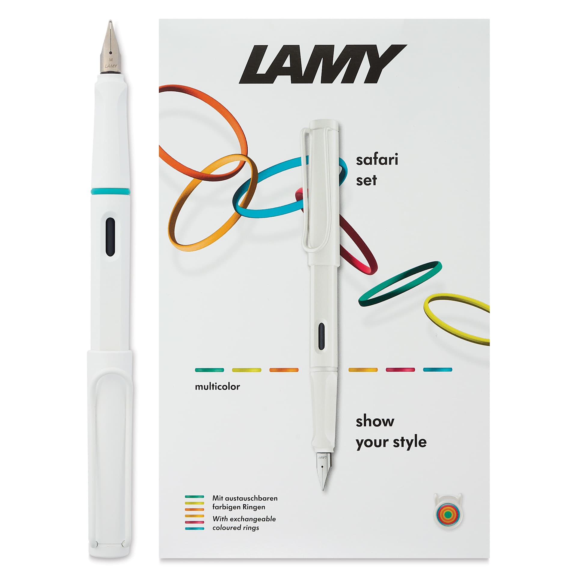 Lamy Safari Multi Ring Fountain Pen Set - White, Medium Nib, pen and packaging
