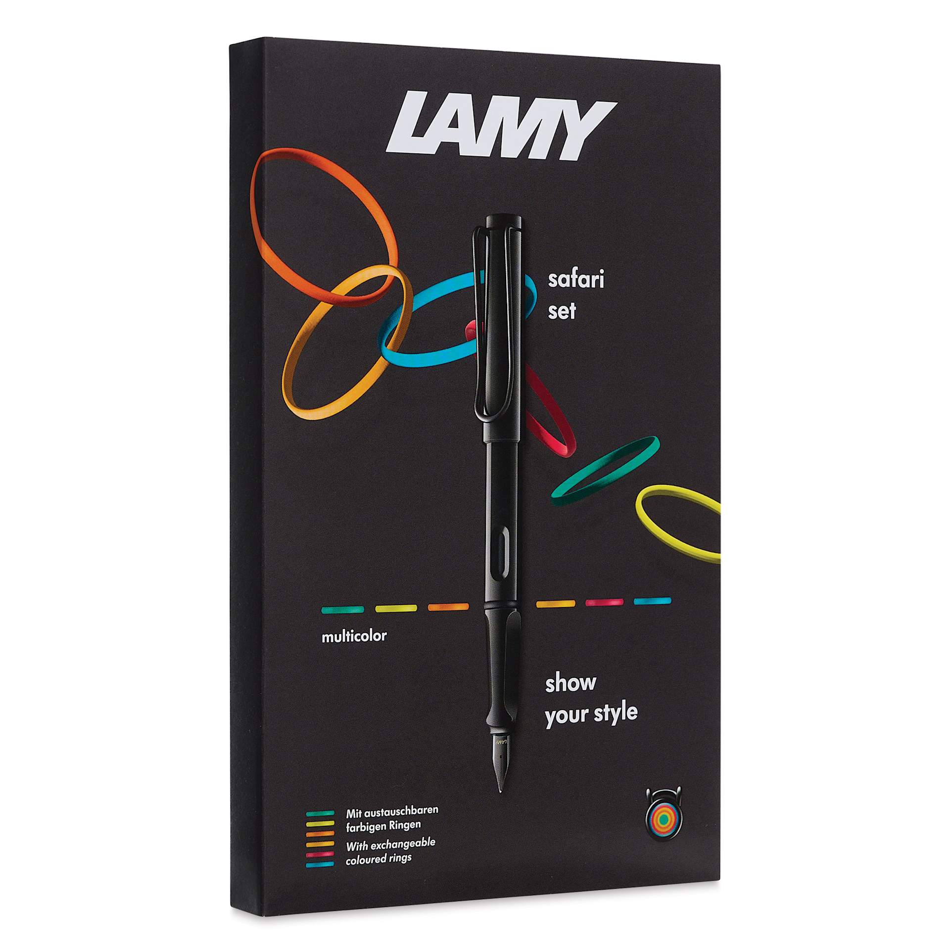 Lamy Safari Multi Ring Fountain Pen Set - Black, Medium Nib, packaging