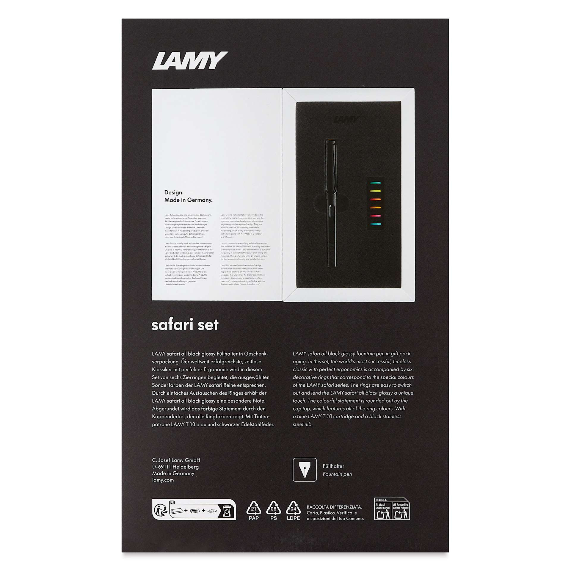Lamy Safari Multi Ring Fountain Pen Set - Black, Medium Nib, back of packaging