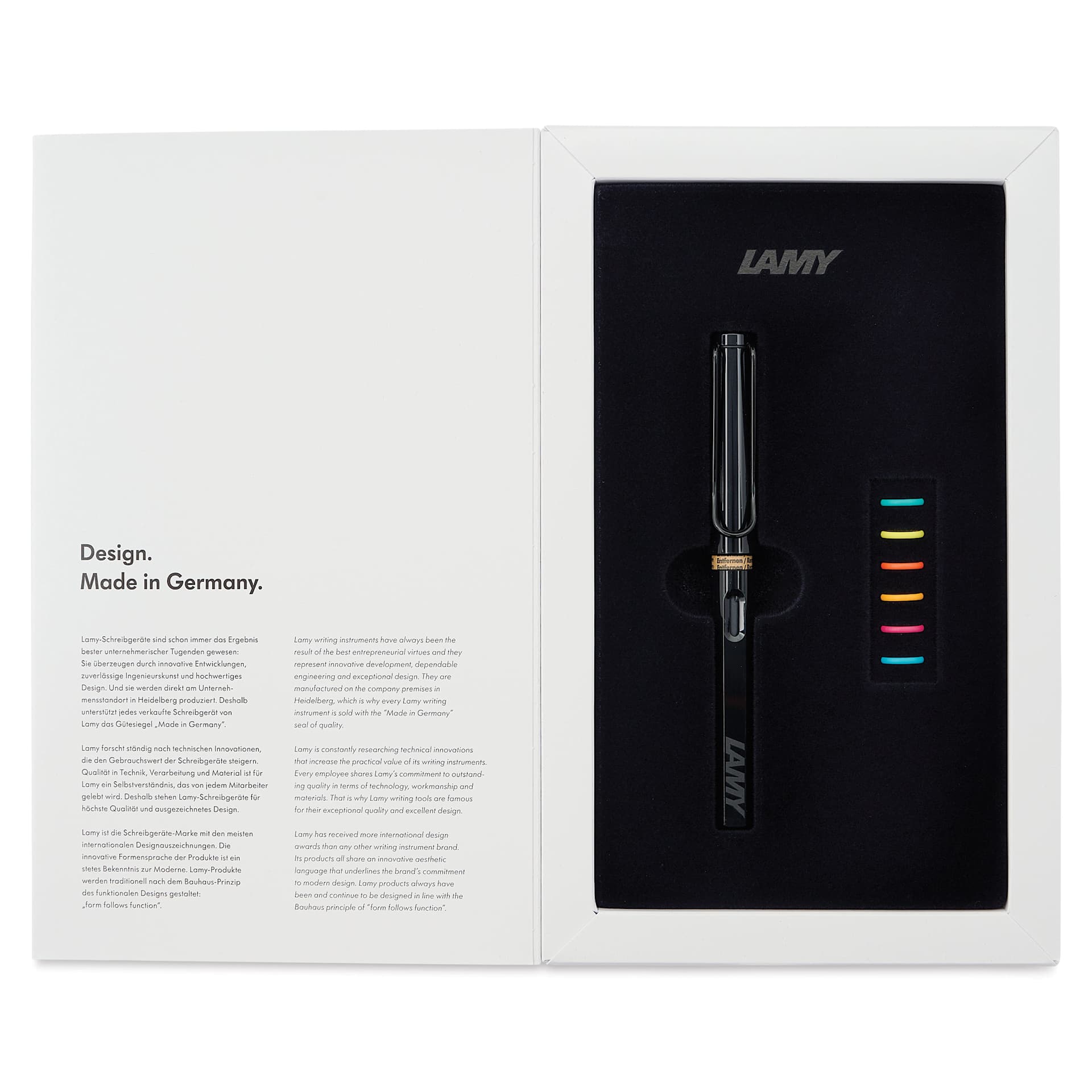 Lamy Safari Multi Ring Fountain Pen Set - Black, Medium Nib, open packaging