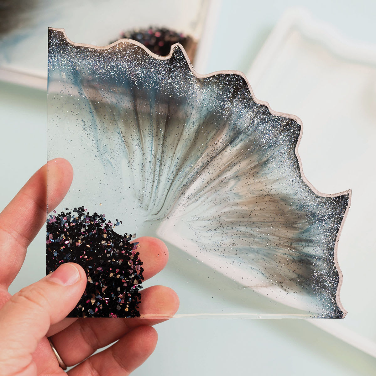 American Crafts Color Pour Agate Coaster Molds - Set of 2 (finished example with colored resin and glitter)