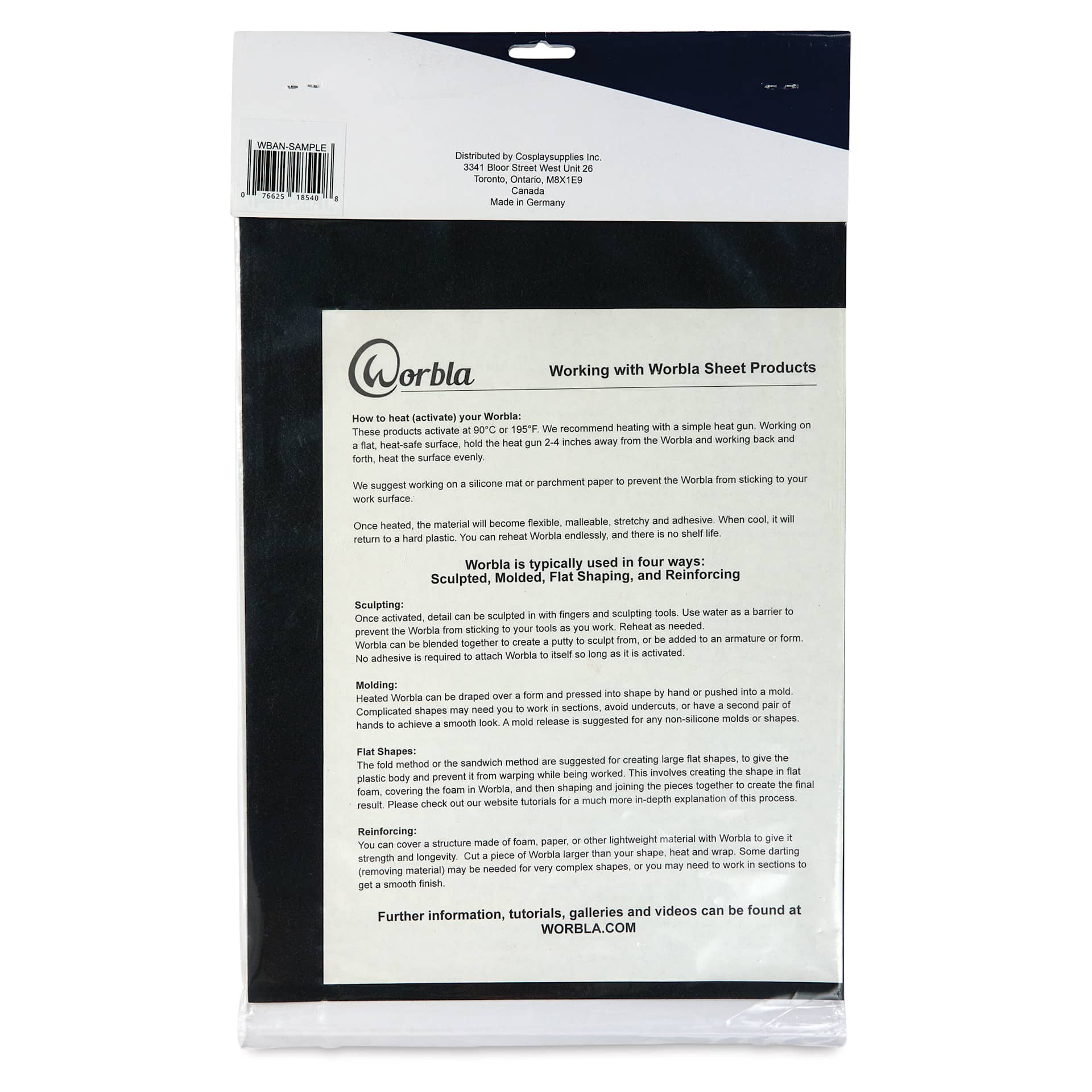 Worbla Black Art 2.0 Thermoplastic Sheet - Mini, 15-1/2" x 9-4/5" back of packaging