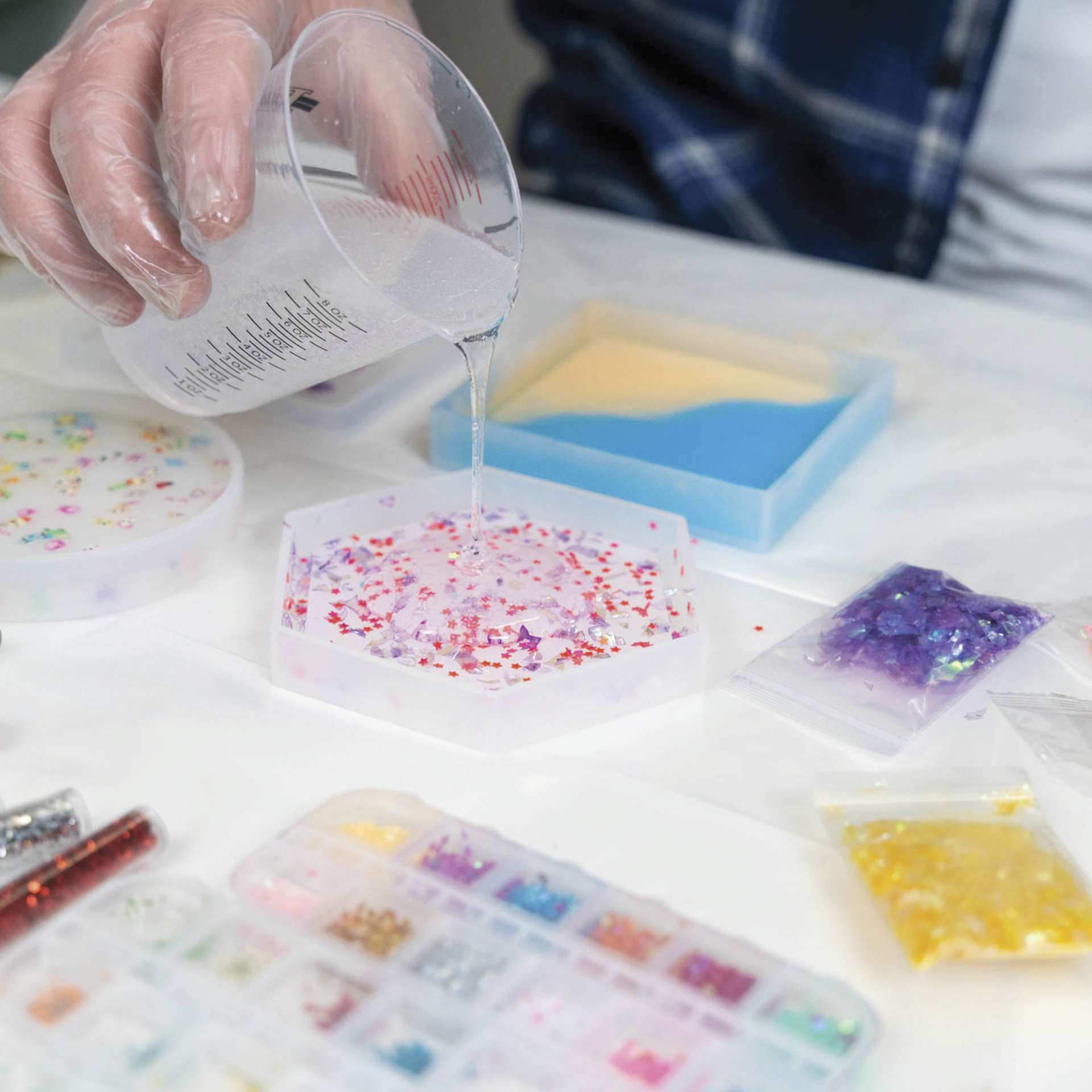 Alumilite Creation Kit - Coral Container, Set of 84 - sparkly hexagon in progress
