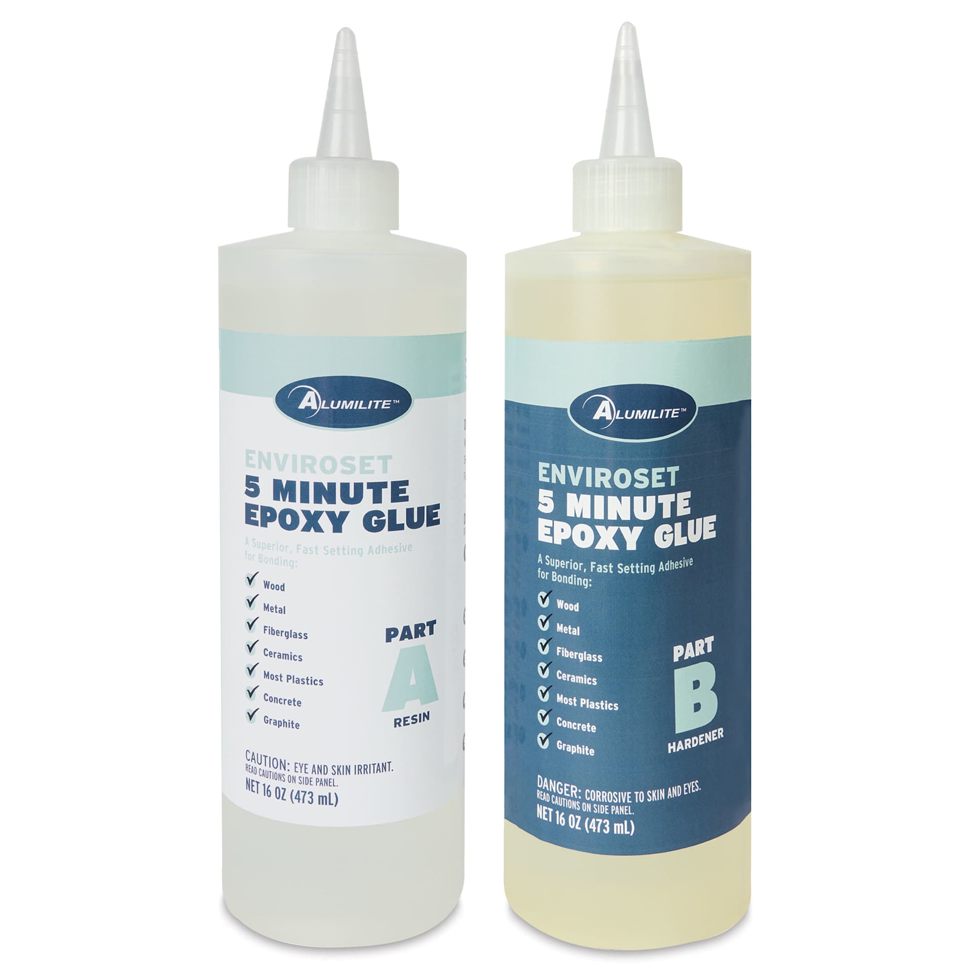 Alumilite Enviroset 5 Minute Epoxy Glue - 32 oz - front of bottles, with caps removed