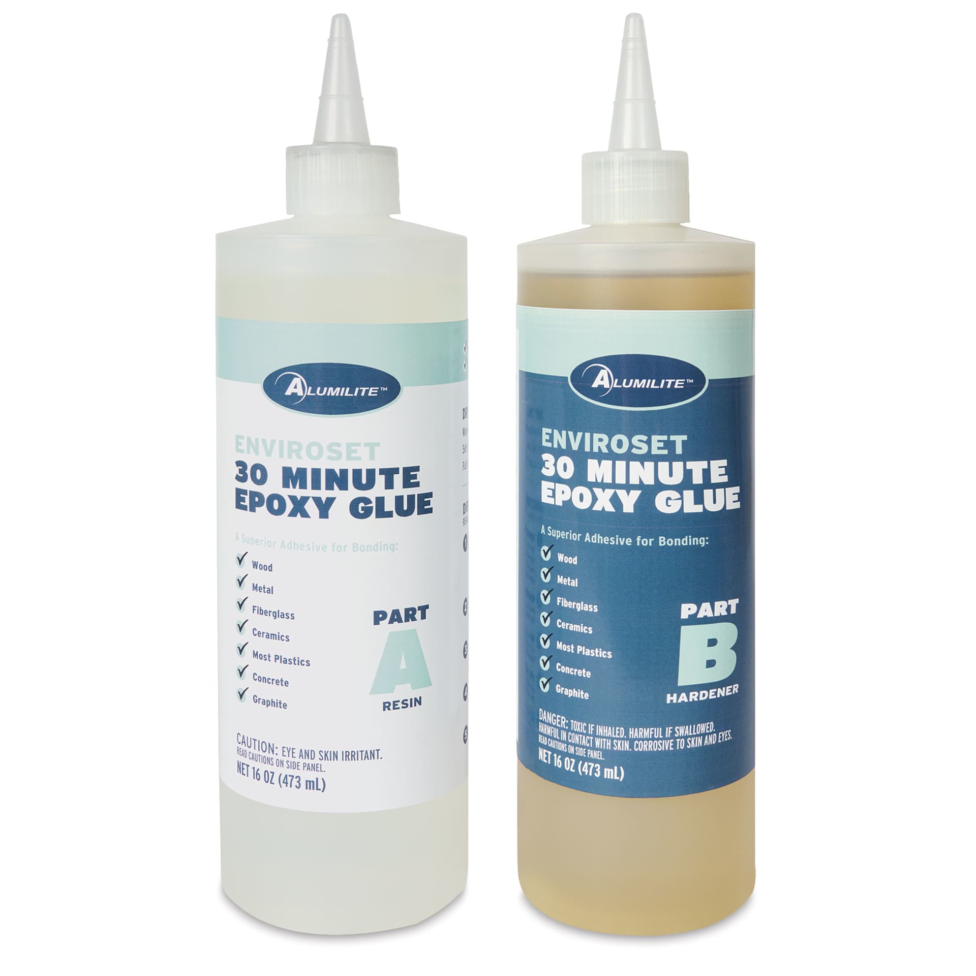 Alumilite Enviroset 30 Minute Epoxy Glue - 32 oz - front of bottles, with caps removed
