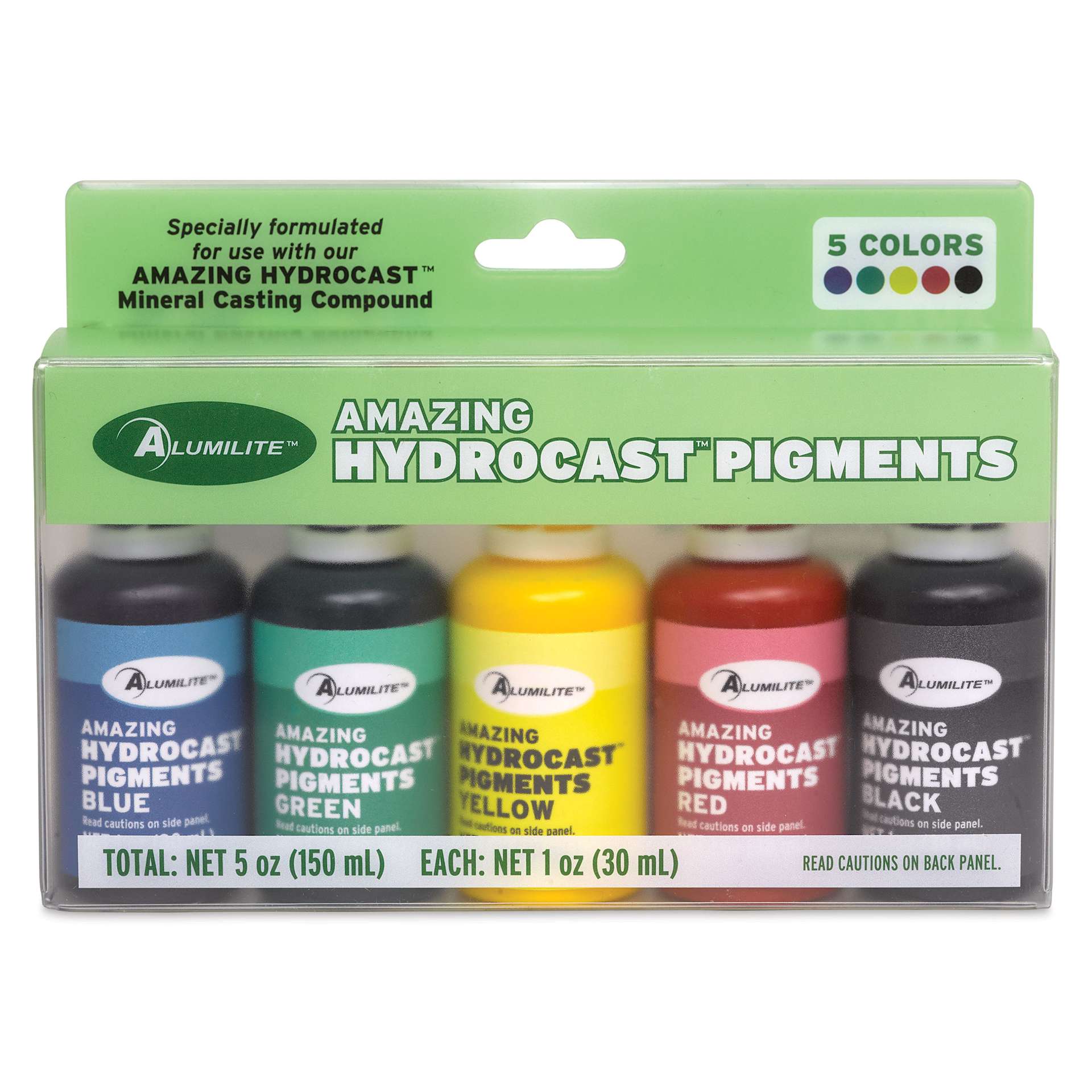 Alumilite Amazing Hydrocast Pigments Dye - Set of 5, Assorted Colors - front of packaging