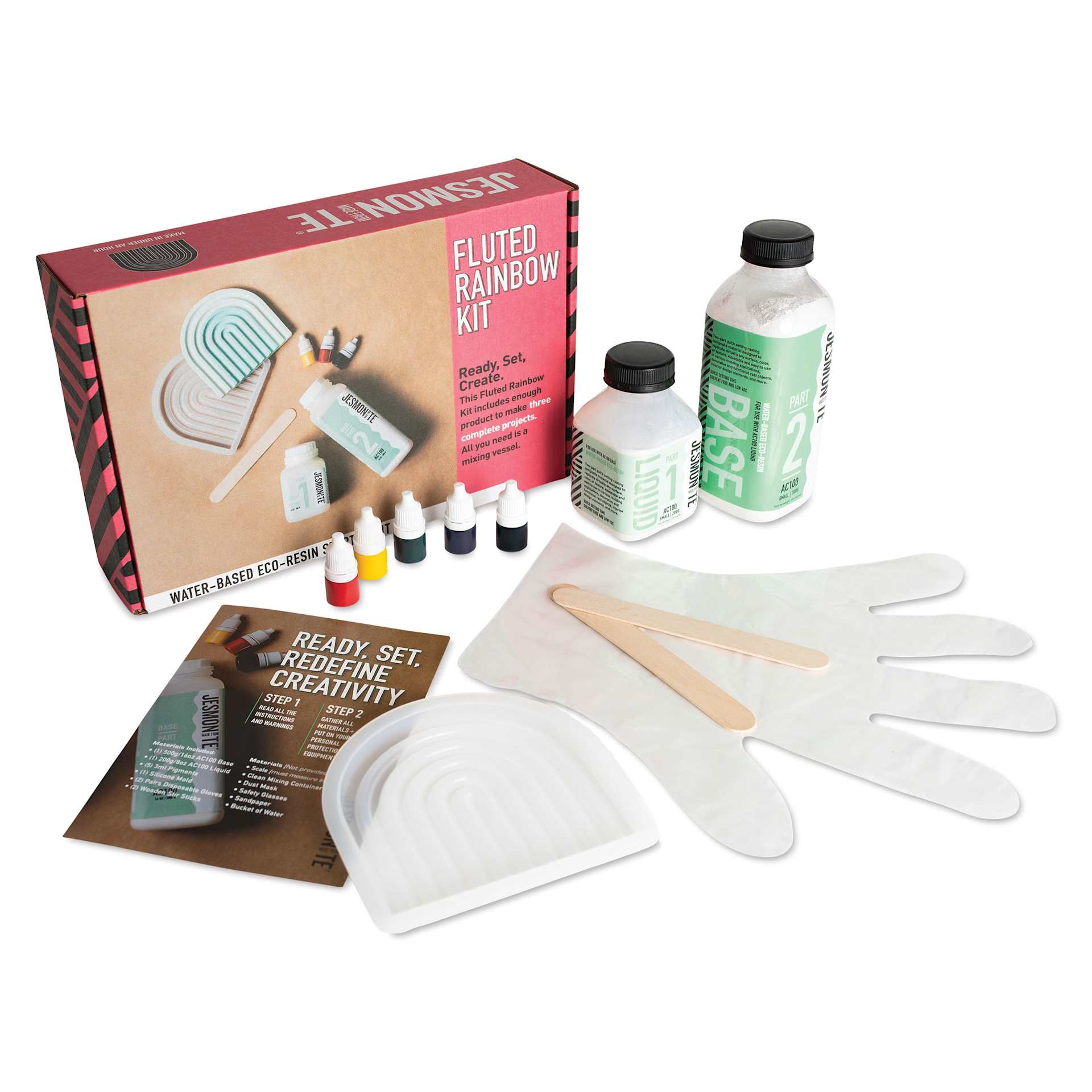 Jesmonite AC100 Eco-Resin Starter Kit - Fluted Rainbow packaging with contents