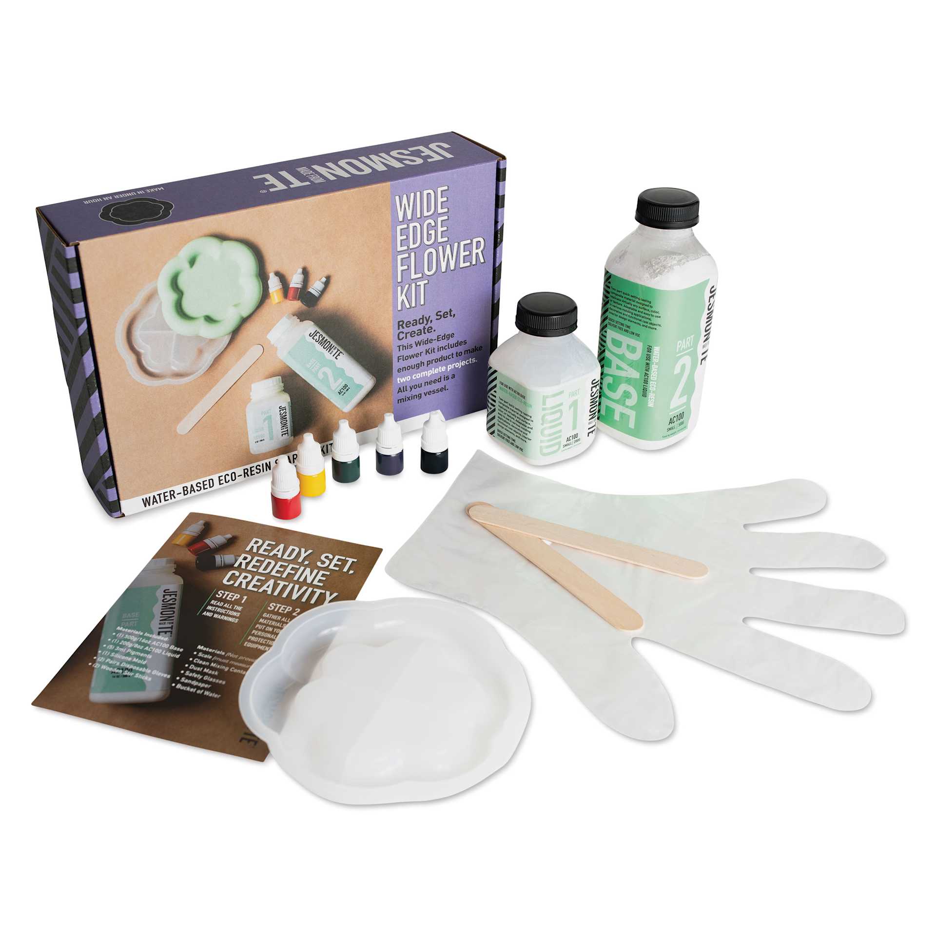 Jesmonite AC100 Eco-Resin Starter Kit - Wide Edge Flower packaging with contents
