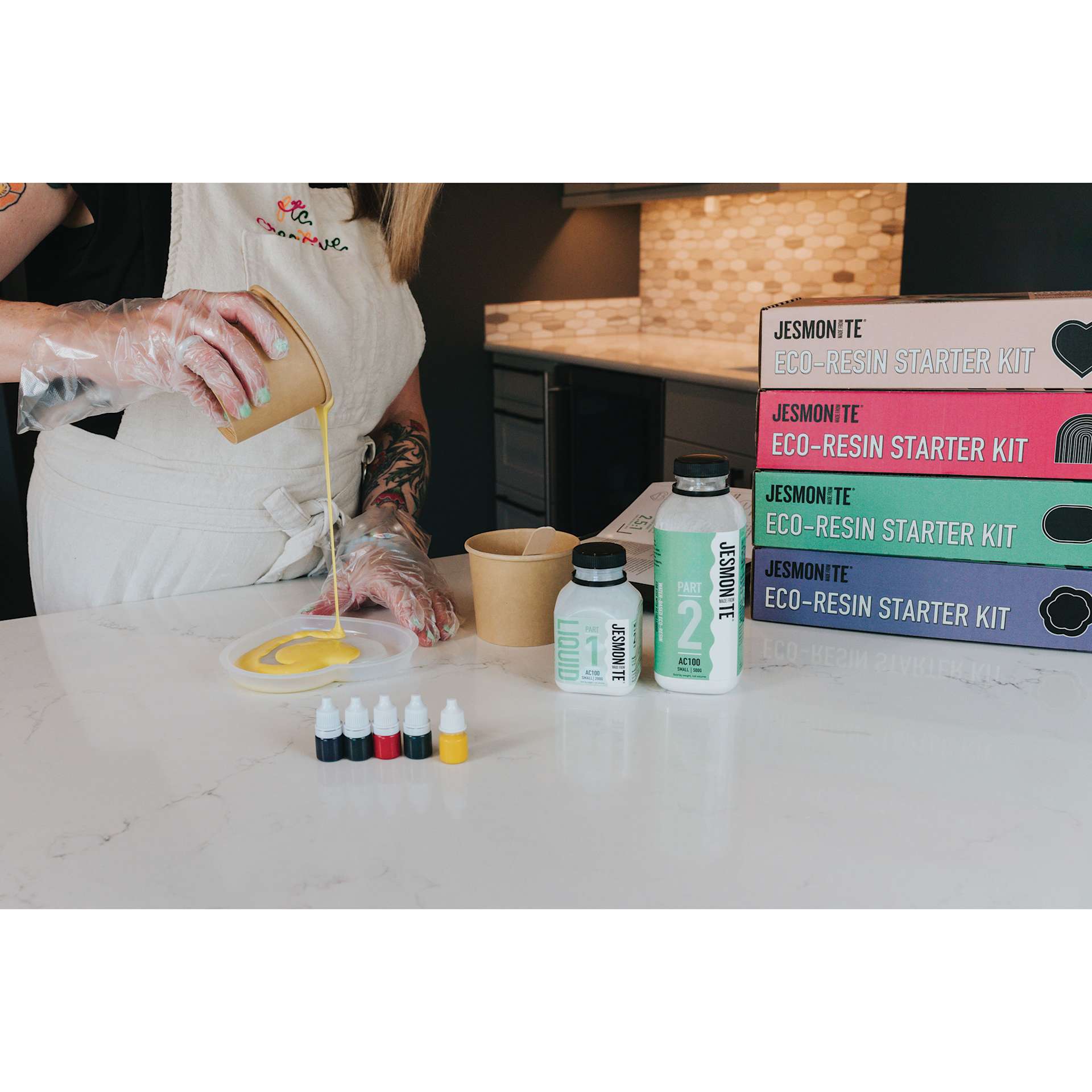 Jesmonite AC100 Eco-Resin Starter Kit - Wide Edge Heart being poured into mold