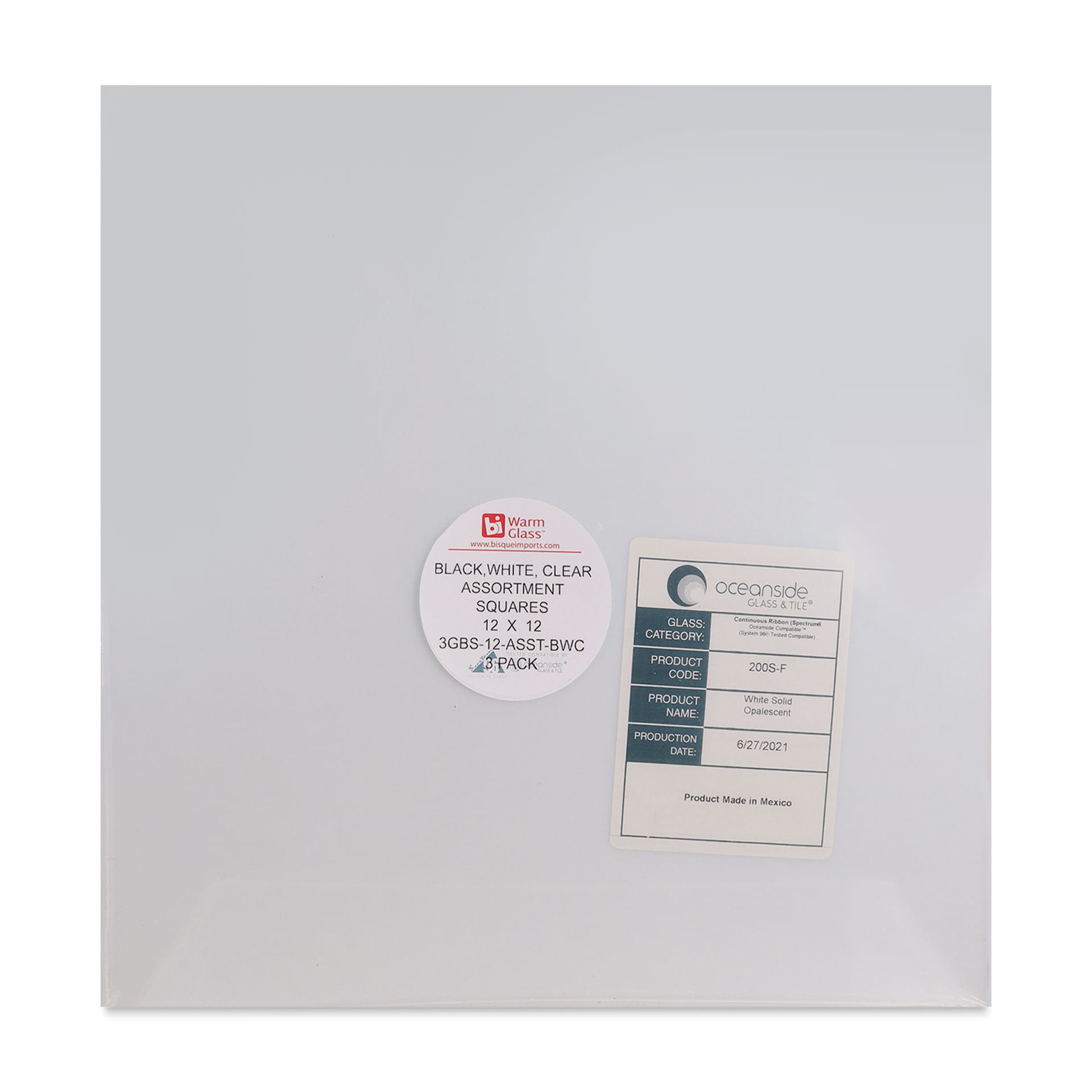 Oceanside Glass Fusible Glass Sheets - Black, White, and Clear, 12" x 12", Pkg of 3 (stacked and packaged)