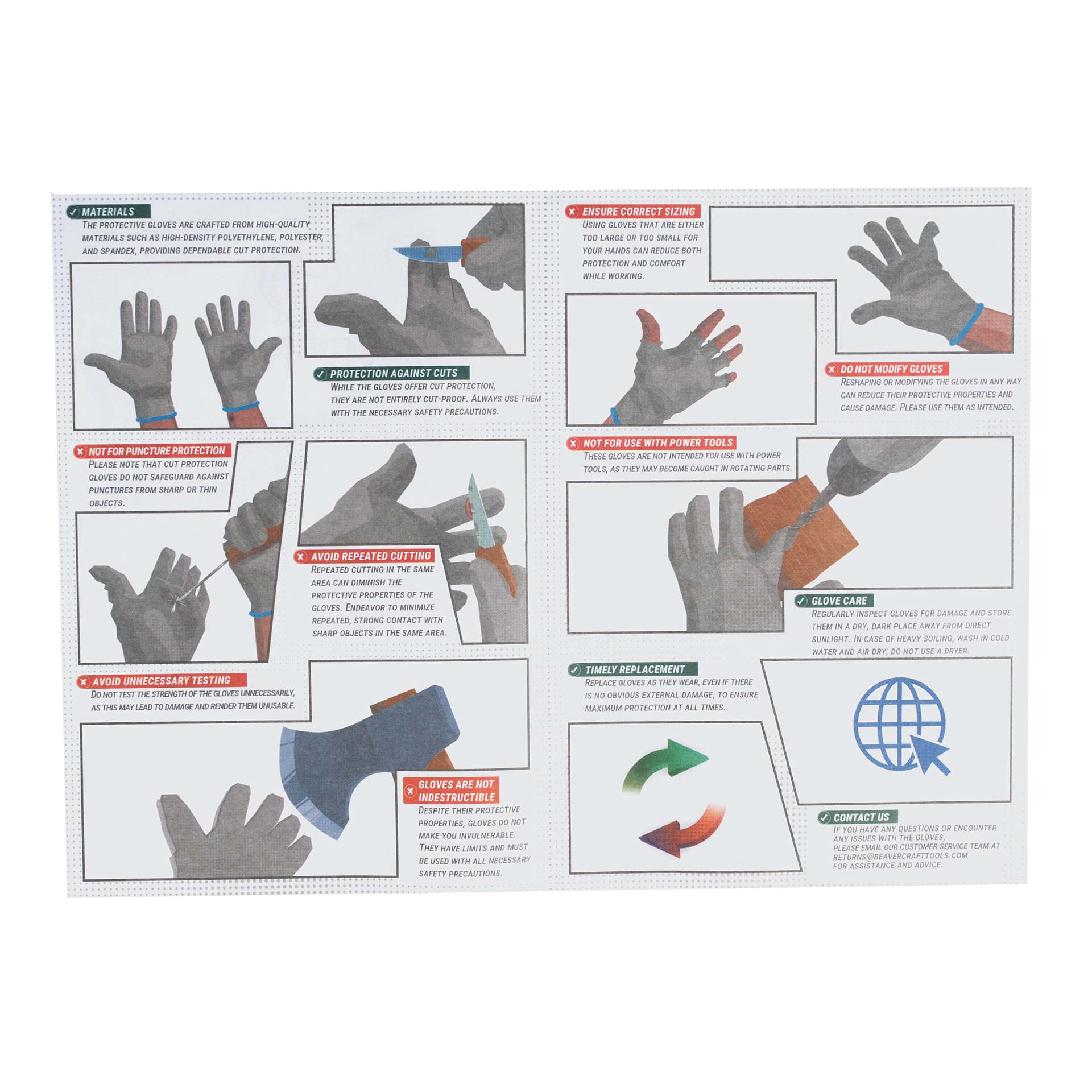 BeaverCraft Cut-Resistant Wood Carving Gloves - Large storage instructions and warnings