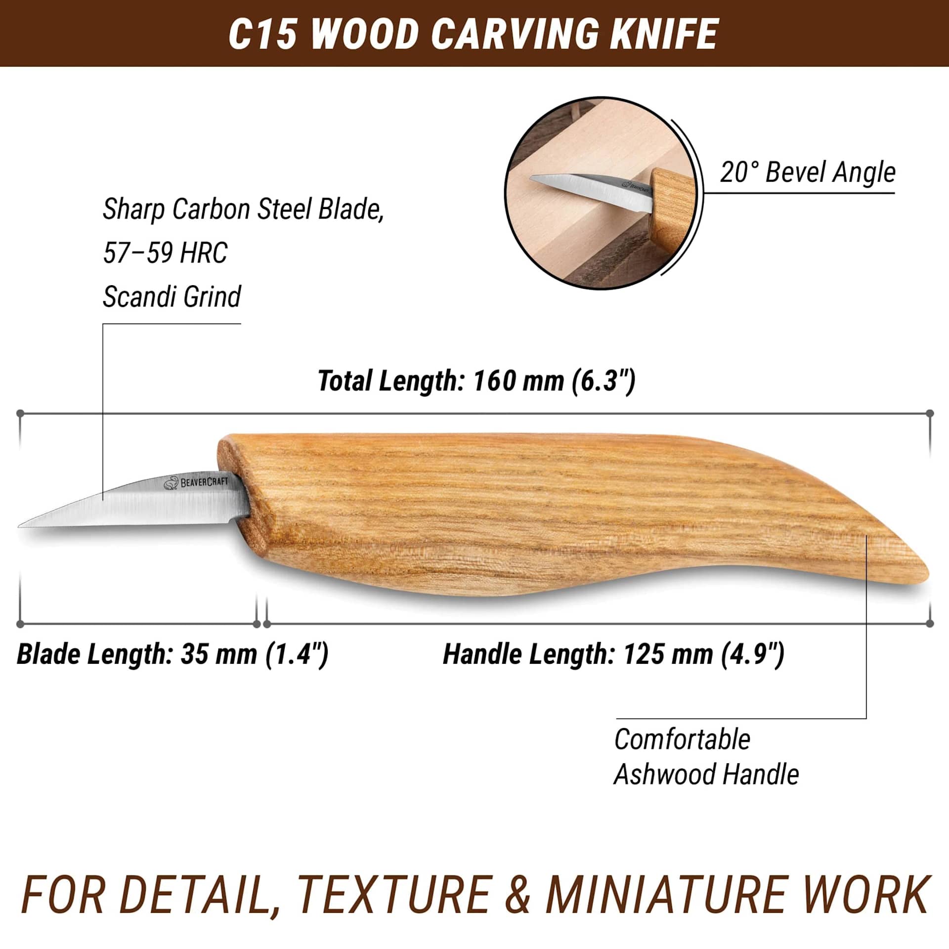 C15 Wood Carving Knife, For detail, texture, and miniature work