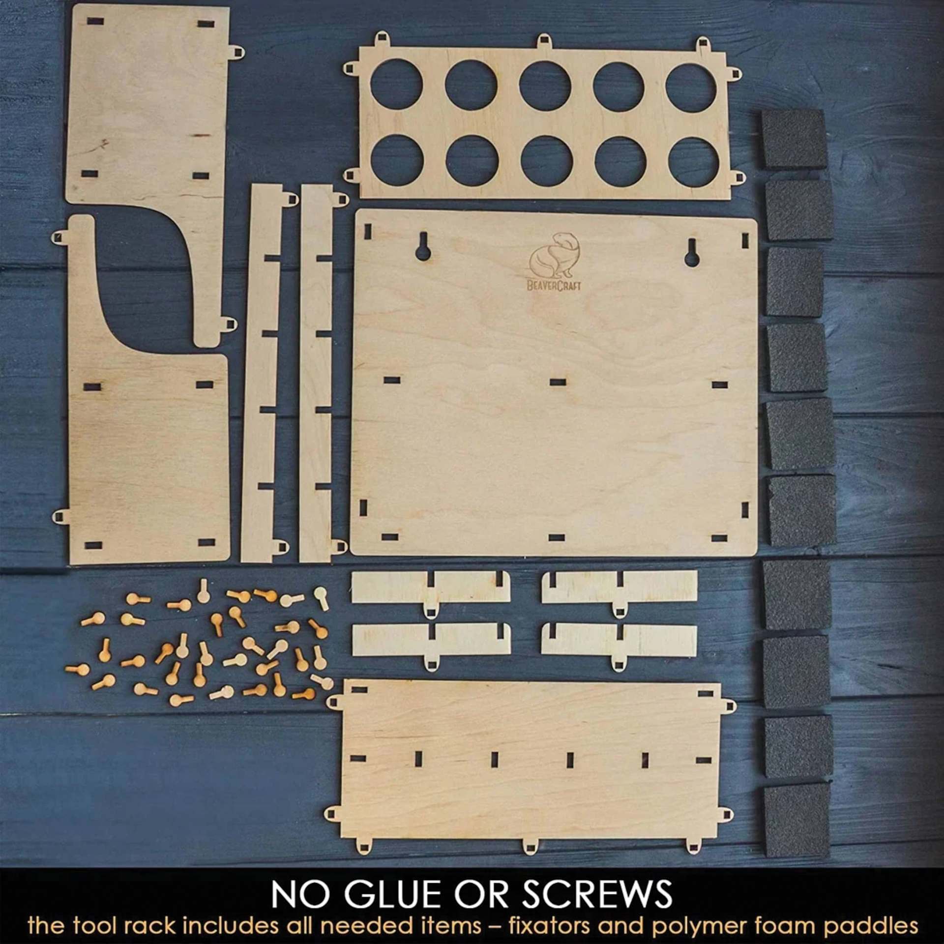 No Glue or Screws, the tool rack includes all needed items - fixators and polymer foam paddles