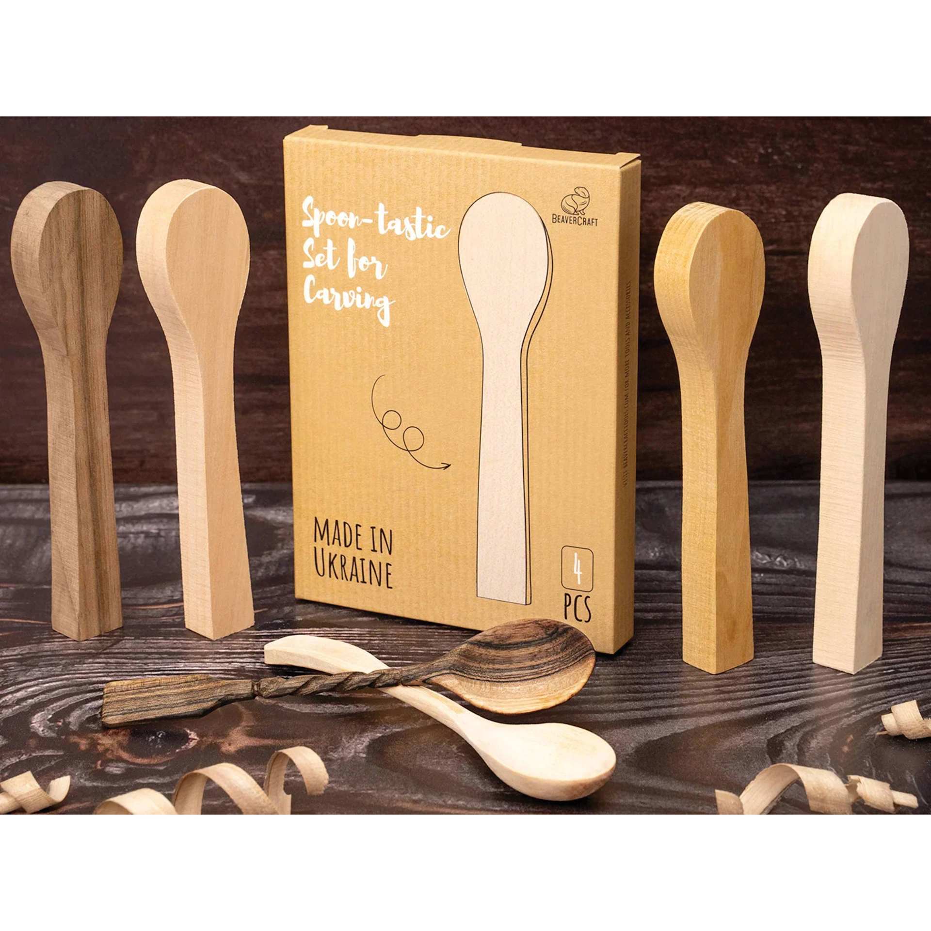BeaverCraft Wooden Spoon Carving Blank Set - Set of 4, Cherry, Linden, Mulberry and European Walnut Wood contents with packaging