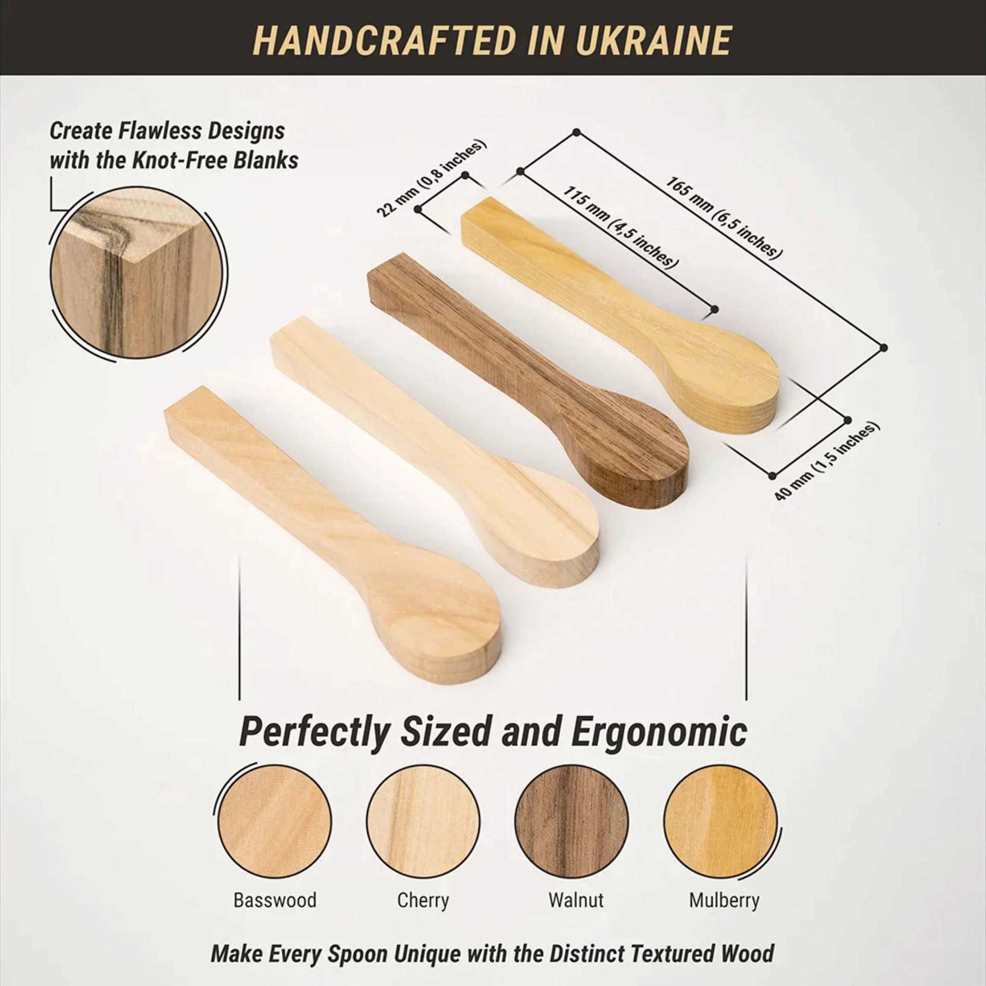 BeaverCraft Wooden Spoon Carving Blank Set - Set of 4, Cherry, Linden, Mulberry and European Walnut Wood dimensions and info