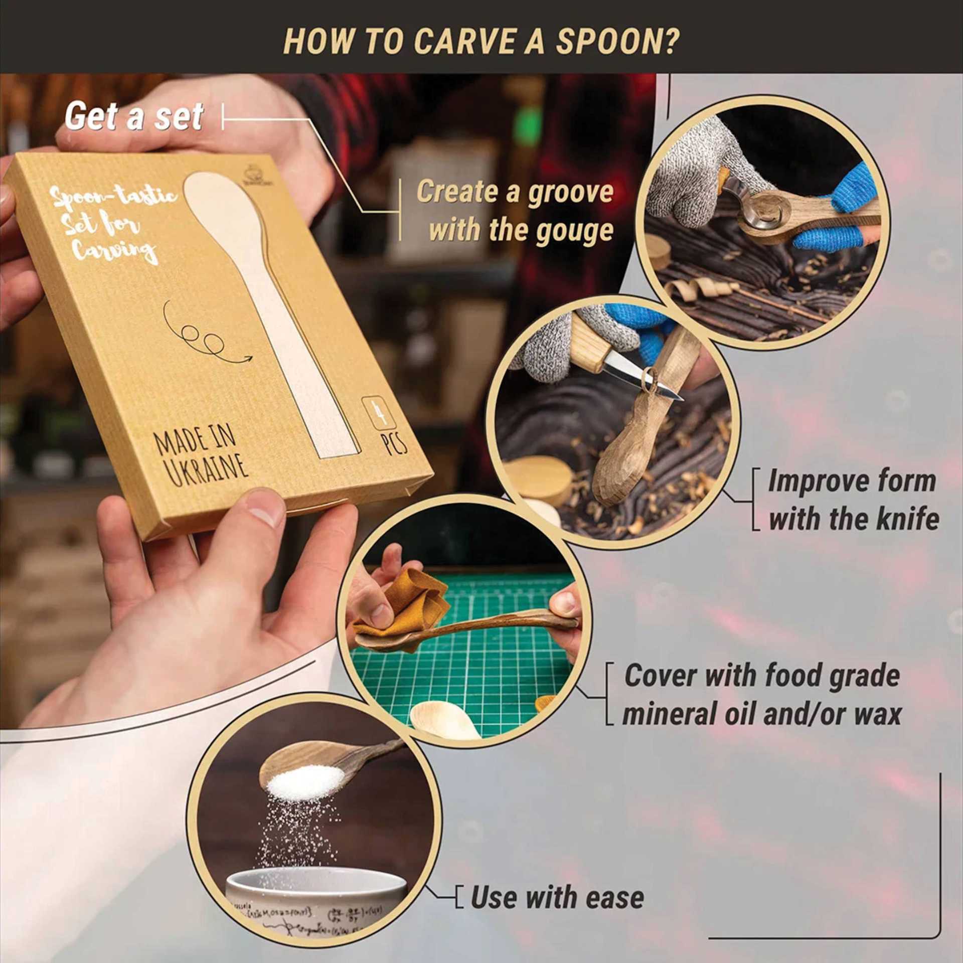 How to Carve a Spoon? Get a set, create a groove with the gouge, improve form with the knife, cover with food grade mineral oil and/or wax, and use with ease.
