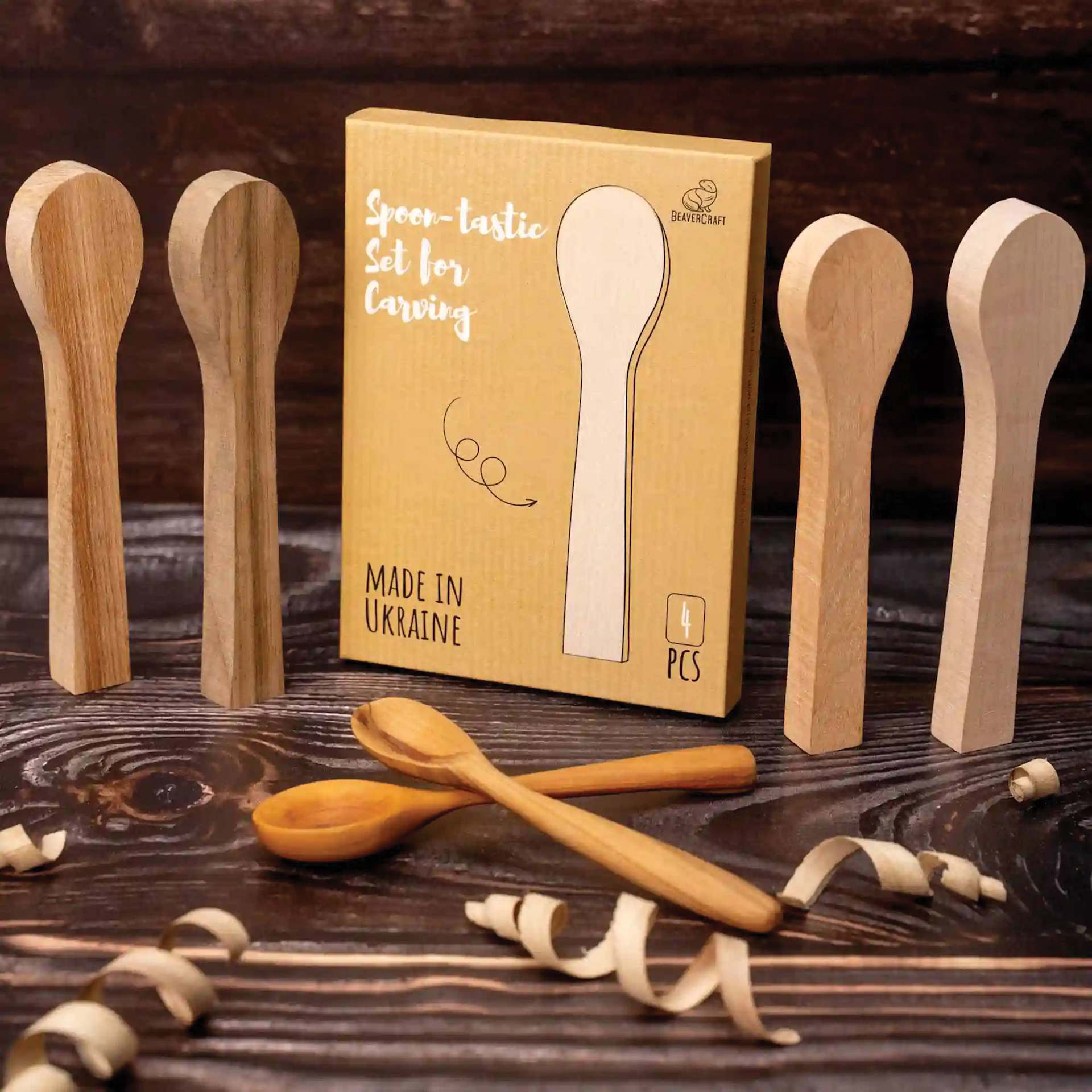 BeaverCraft Wooden Spoon Carving Blank Set - Set of 4, Birch, Maple, Alder, and Elm Wood contents with packaging