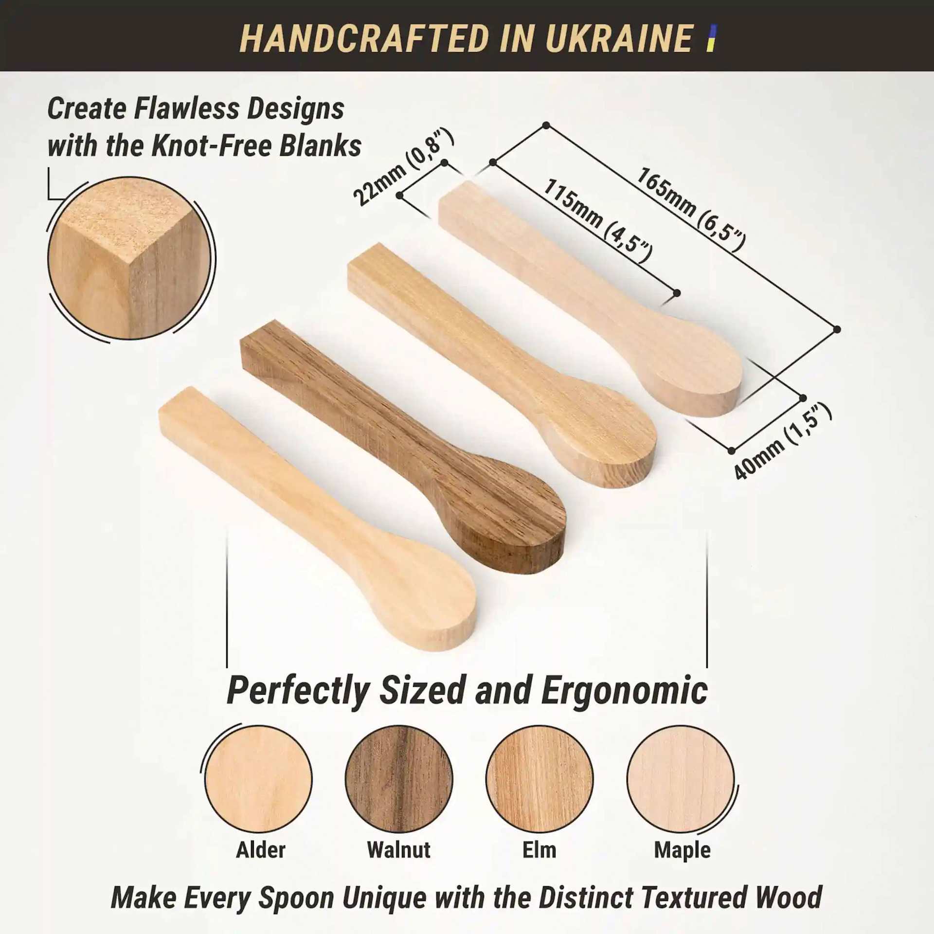 BeaverCraft Wooden Spoon Carving Blank Set - Set of 4, Birch, Maple, Alder, and Elm Wood measurements and info