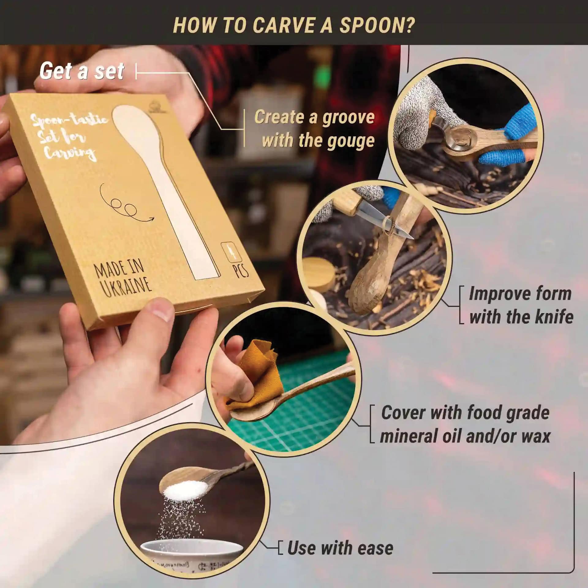 How to Carve a Spoon: Get a set, create a groove with the gouge, improve form with the knife, cover with food grade mineral oil and/or wax, and use with ease.