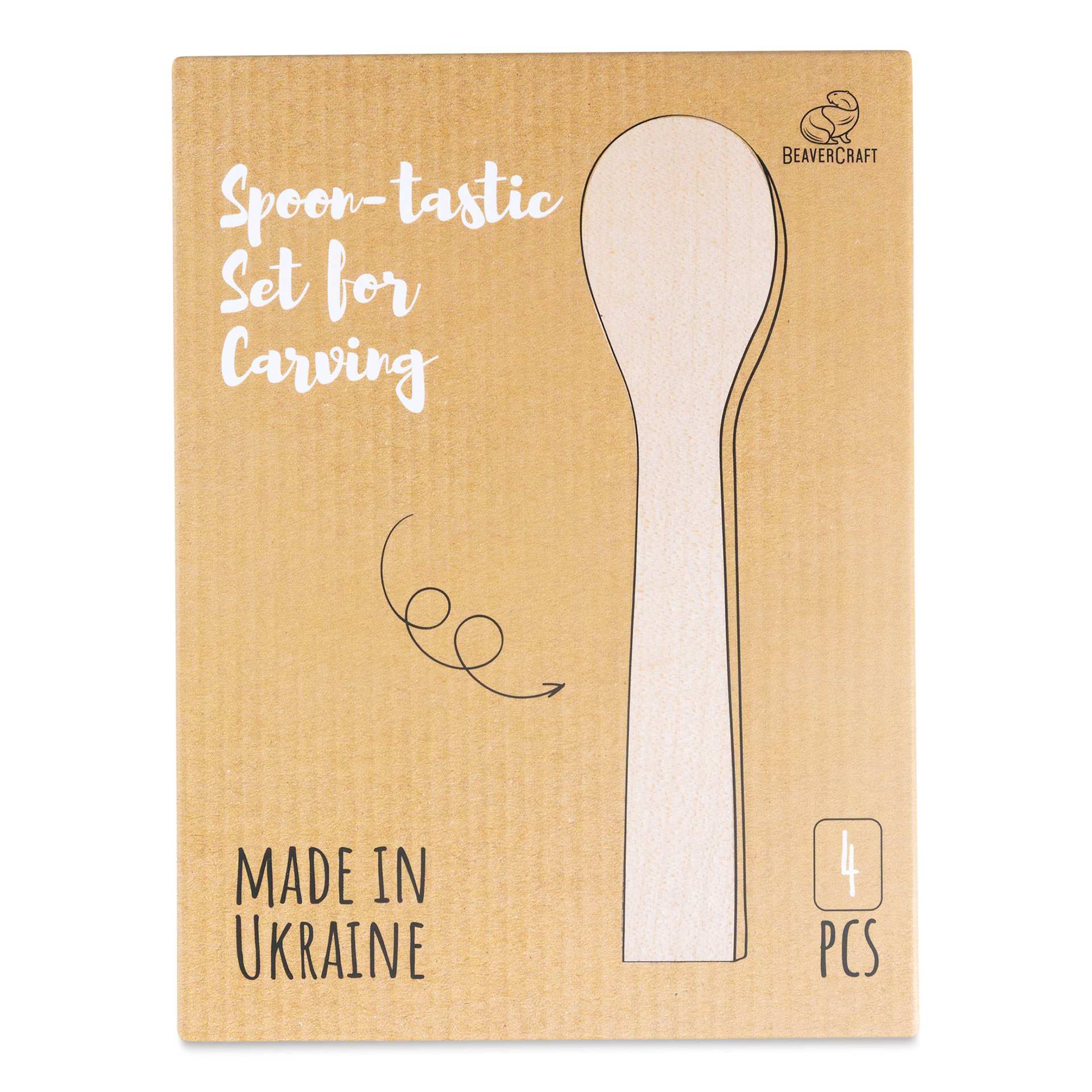 BeaverCraft Wooden Spoon Carving Blank Set - Set of 4, Birch, Maple, Alder, and Elm Wood front of packaging