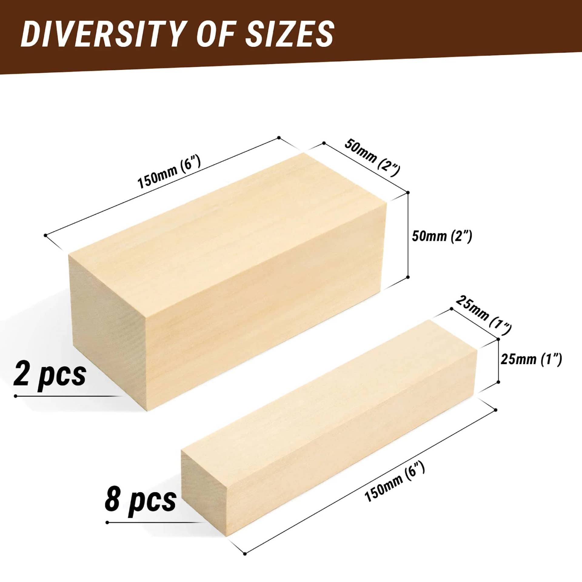 BeaverCraft Basswood Carving Block Set - Pkg of 10, Assorted Sizes showing measurements