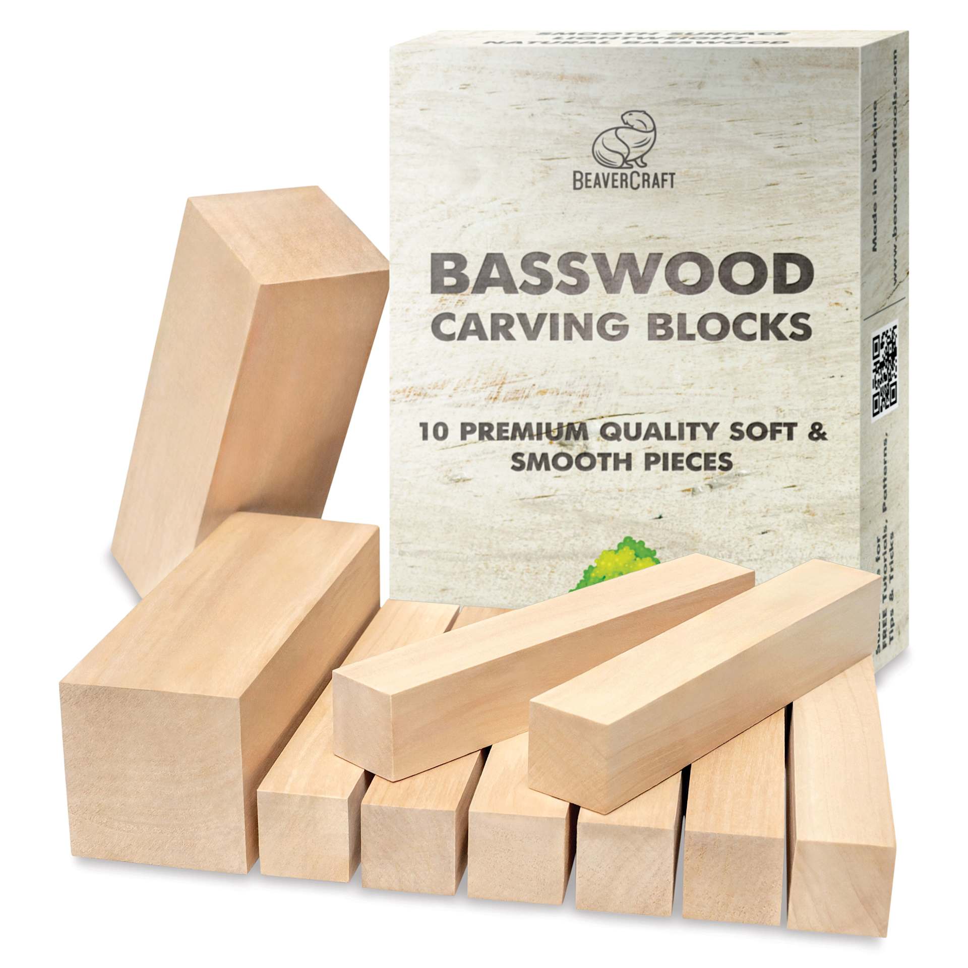 BeaverCraft Basswood Carving Block Set - Pkg of 10, Assorted Sizes contents with packaging